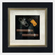 The Havantra Double Cigar & Cutter Framed Wall Art by Giant Sculptures features two cigars, a cutter, and a yellow lighter set against a black background with a white mat in an ornate black frame.