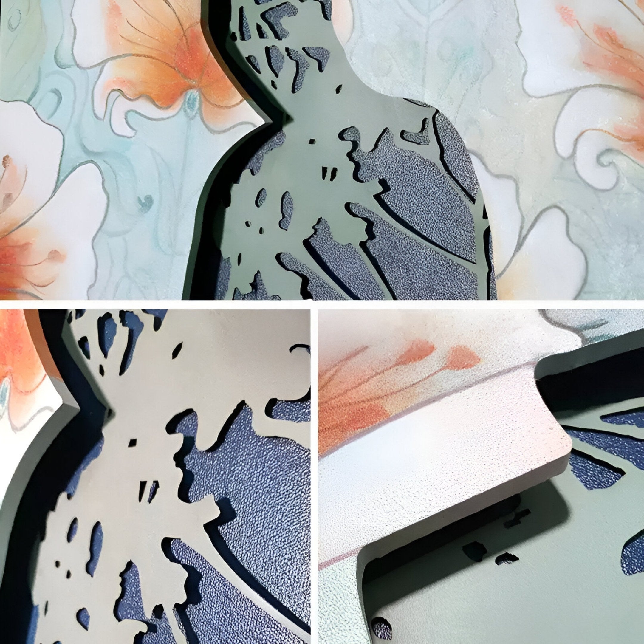 Close-up of the Florivane Green Silhouette & Floral Backdrop 3D Wall Art by Giant Sculptures, featuring an intricate silhouette and metallic butterfly patterns over a soft orange and white floral background for Nordic-inspired elegance.