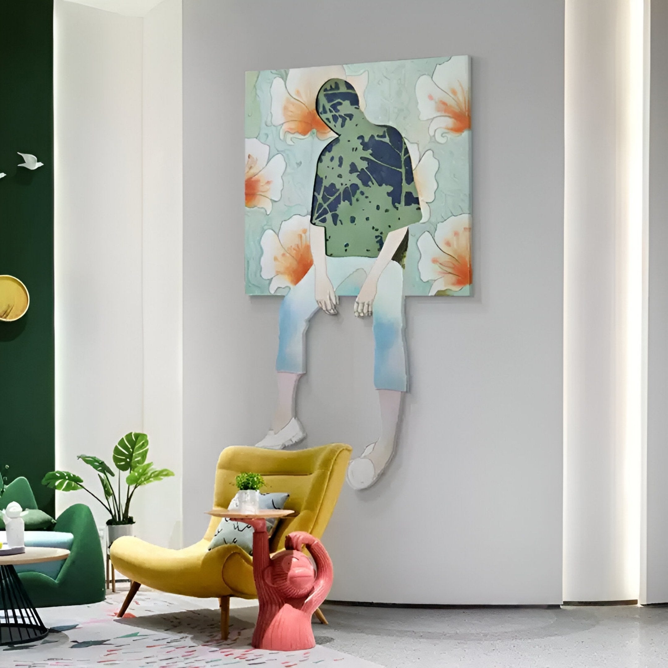 A modern living room showcasing Nordic elegance with a yellow lounge chair, red flamingo side table, and Giant Sculptures’ Florivane Green Silhouette & Floral Backdrop 3D Wall Art as a striking focal point.