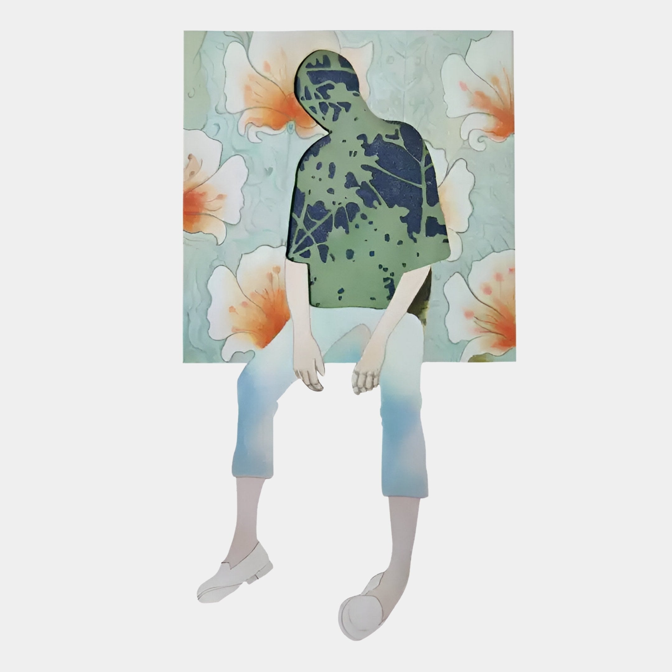 The Florivane Green Silhouette & Floral Backdrop 3D Wall Art by Giant Sculptures features a seated figure with an abstract green face and torso, set against a Nordic floral backdrop of soft orange and white blooms, with pale, shaded arms and legs.