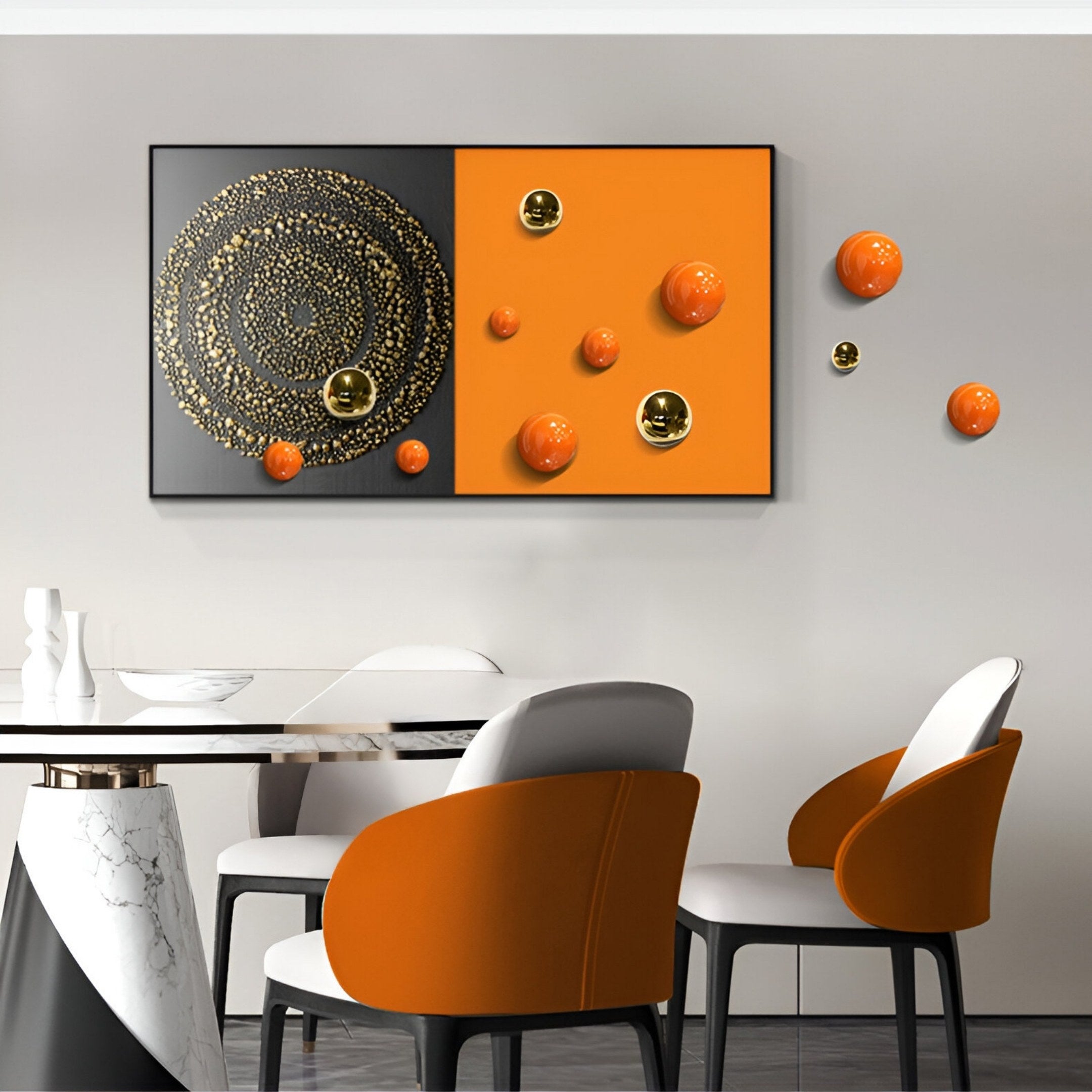 A modern dining area with a marble-top table, four white and orange chairs, and the Spherium Orange & Gold Orb Dual-Tone Panel 3D Wall Art by Giant Sculptures—featuring black, gold, and orange geometric designs—perfect for modern interiors.
