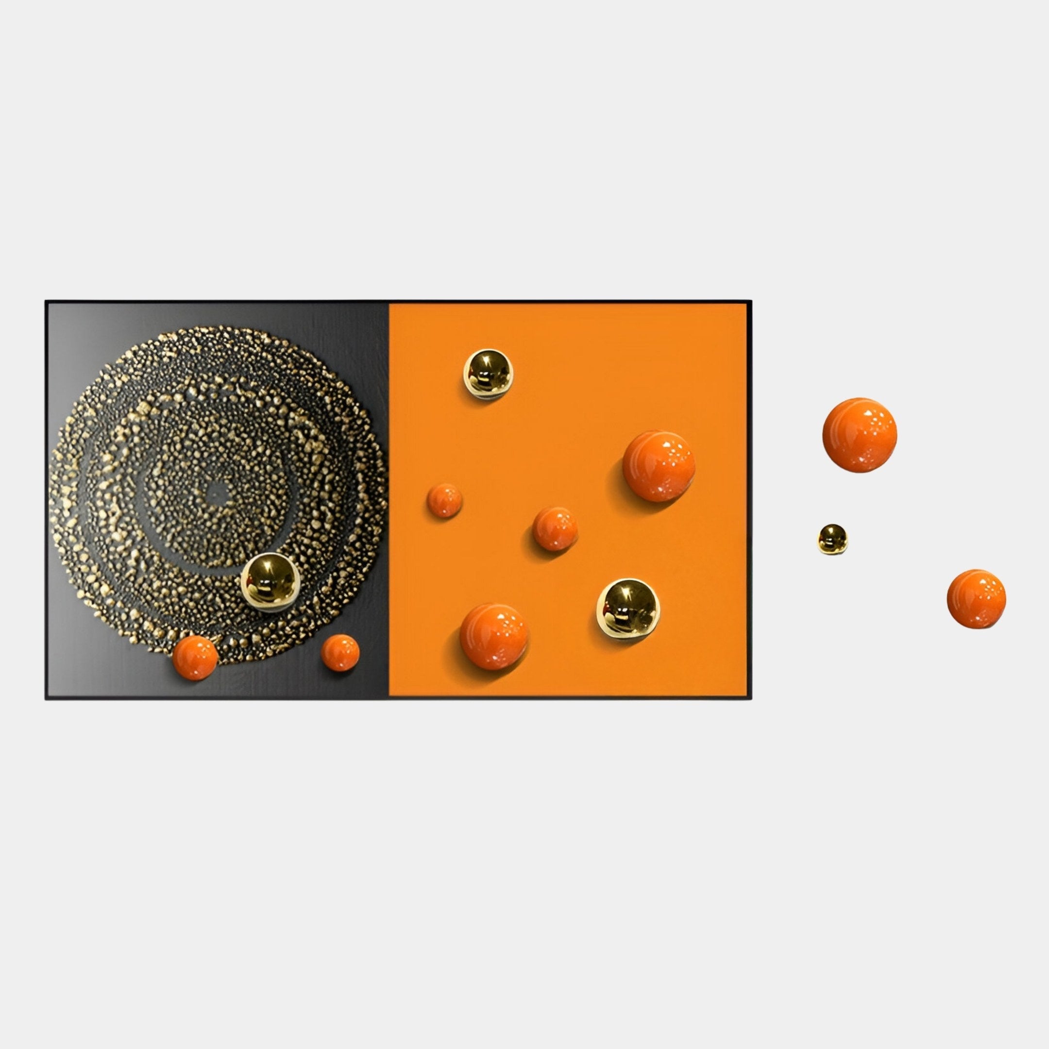 Spherium Orange & Gold Orb Dual-Tone Panel 3D Wall Art by Giant Sculptures showcases black and gold circular patterns with reflective spheres on orange and white backgrounds, creating a striking modern look.
