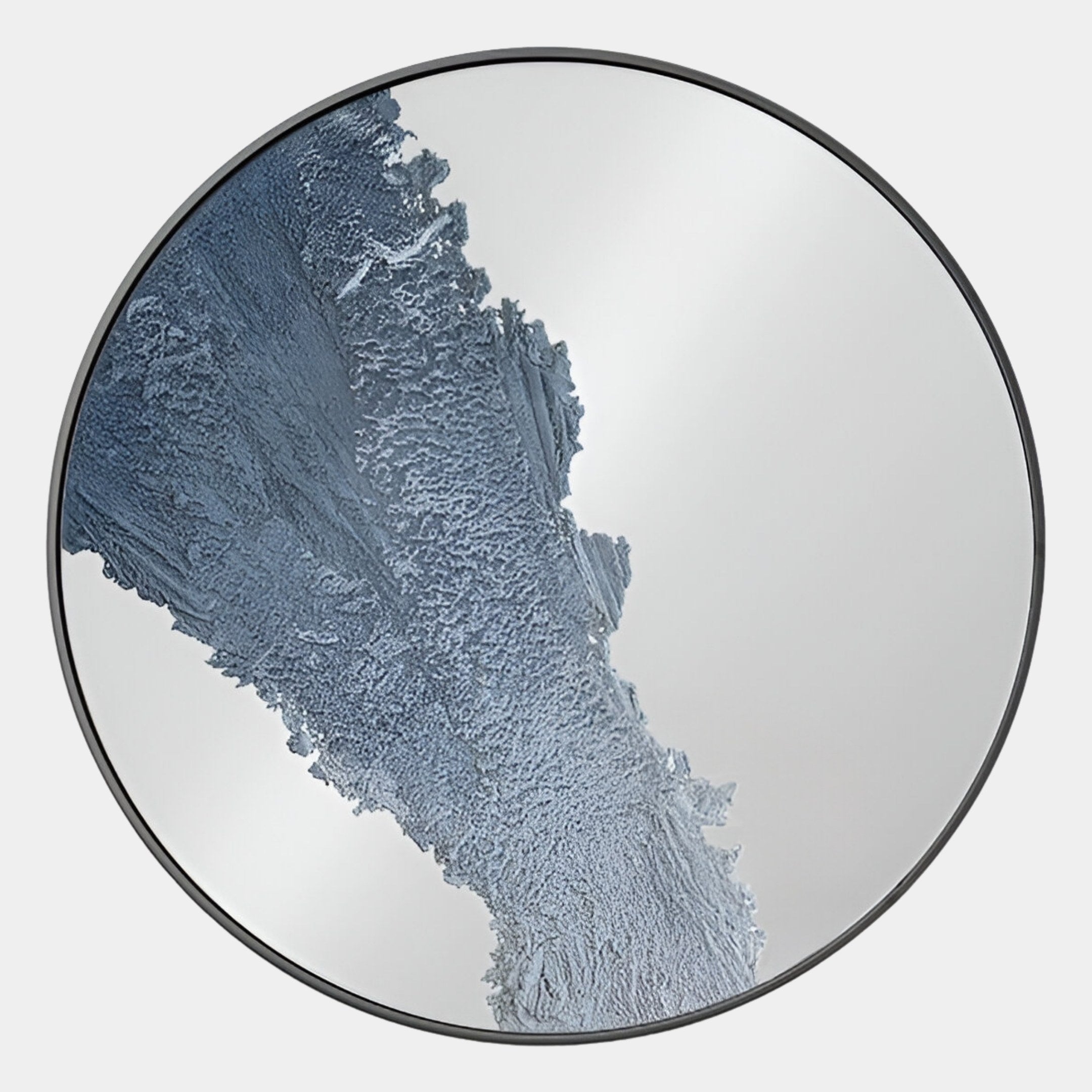 The Erosian Blue Flow Textured Round Mirror 3D Wall Art by Giant Sculptures features a black frame and an abstract blue and gray diagonal pattern, creating a bold accent for contemporary spaces.