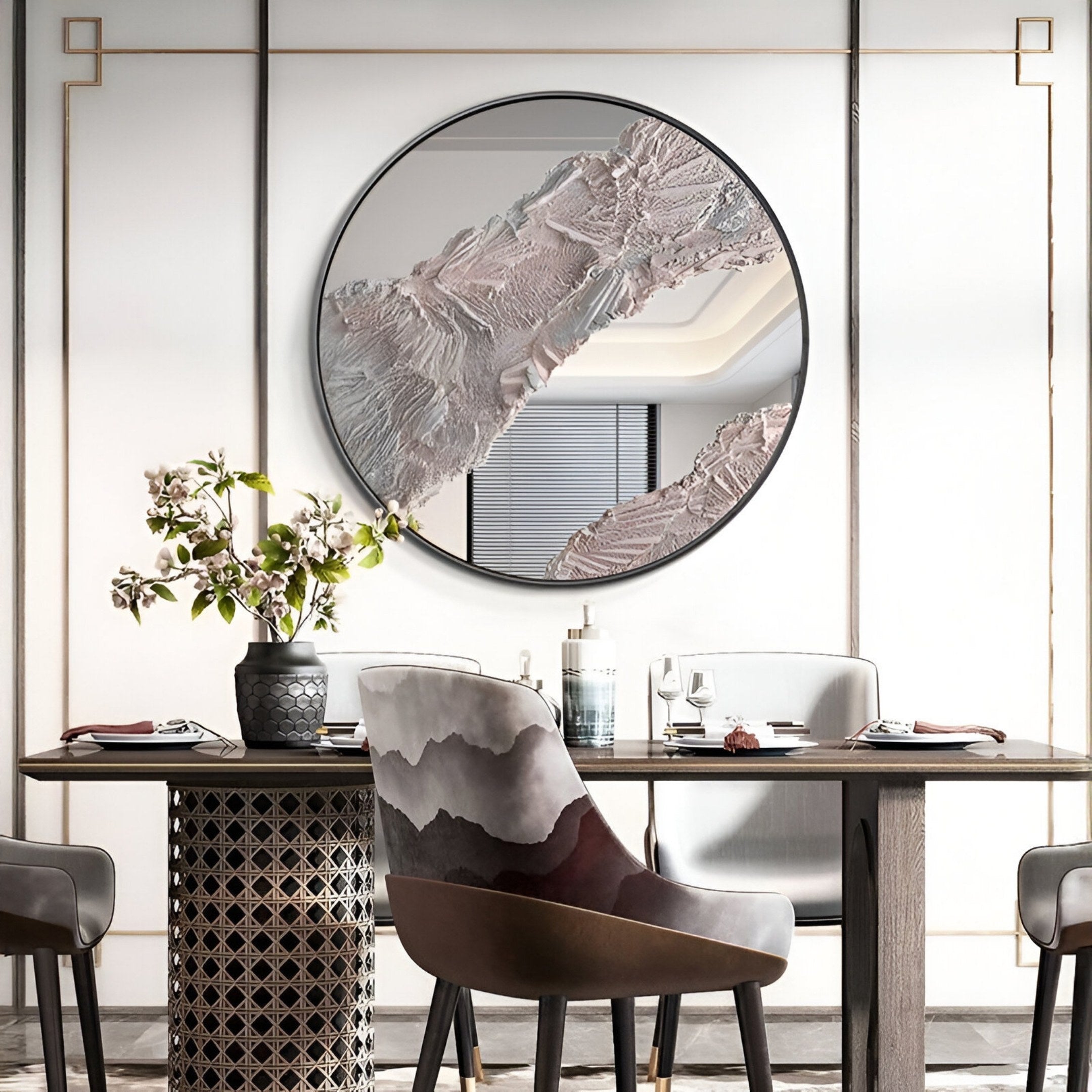 A modern dining room showcases the Erosian Rose Textured Round Mirror 3D Wall Art by Giant Sculptures above a dark wooden table set for dining, with decorative flowers and stylish chairs completing the elegant, contemporary look.