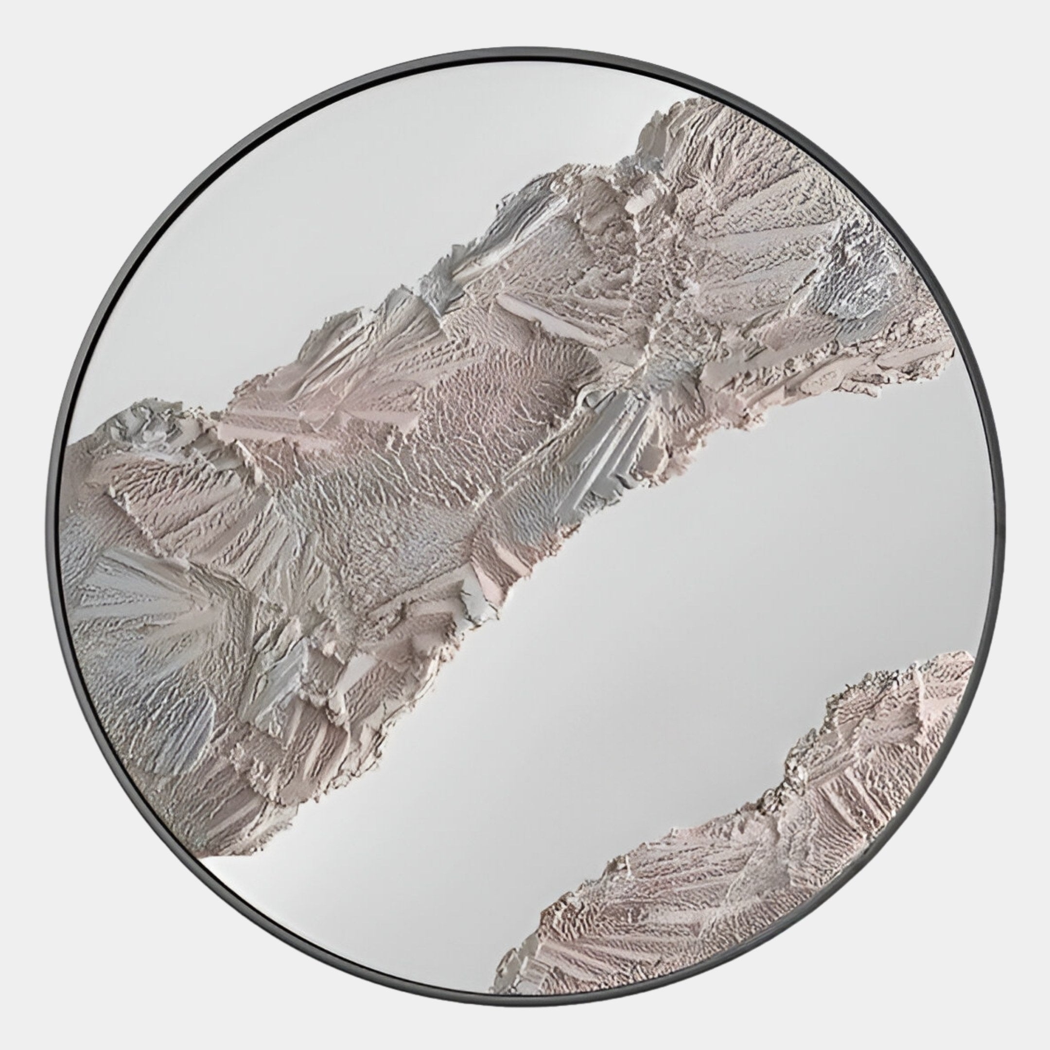 The Erosian Rose Textured Round Mirror 3D Wall Art by Giant Sculptures features abstract 3D patterns in pale pink and gray, adding a frosted, artful touch to its reflective surface against a white background.