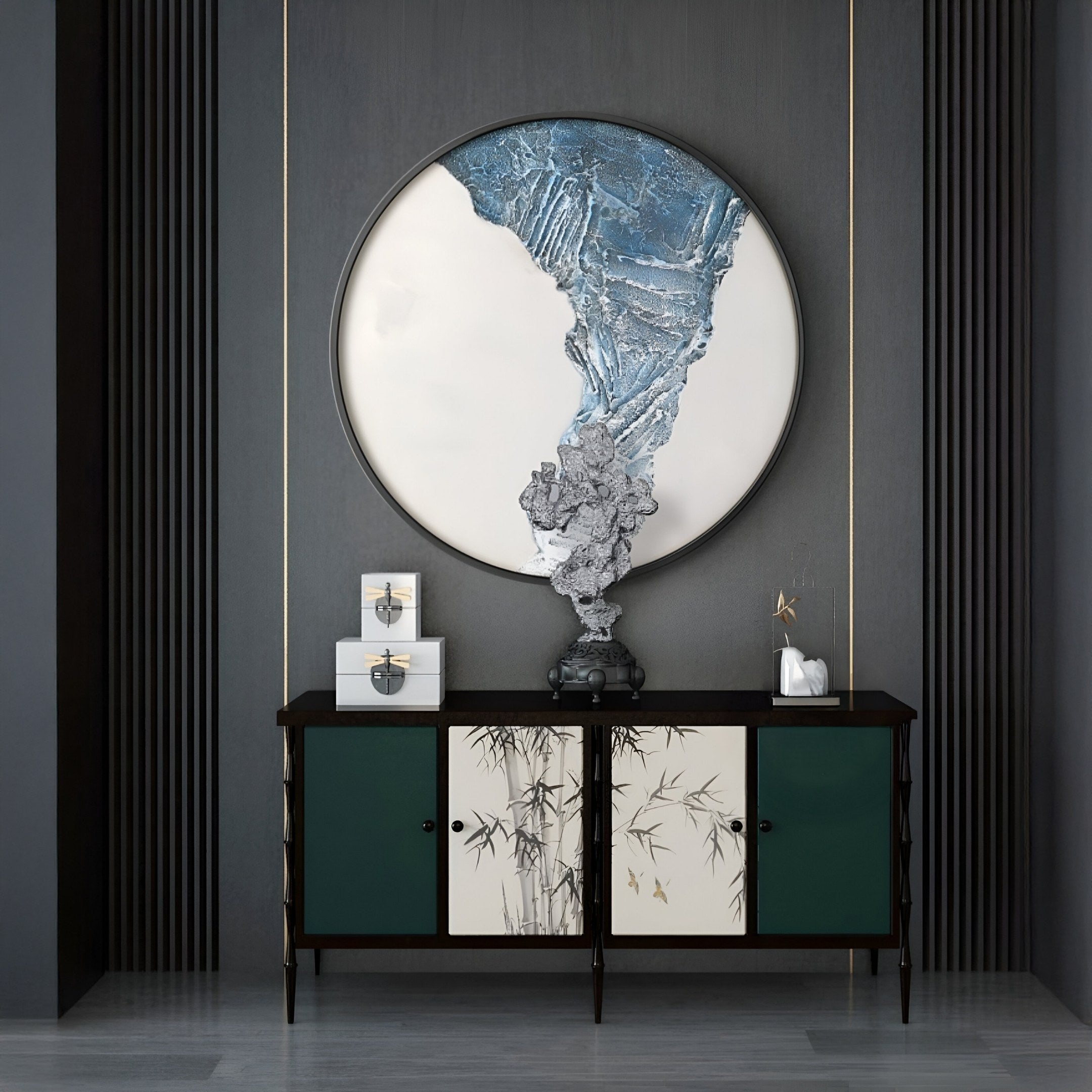 A modern console table with green and white bamboo-patterned doors stands against a dark wall, topped with decor and a large Cryora Blue Flow Textured Round 3D Wall Art by Giant Sculptures featuring abstract textures.