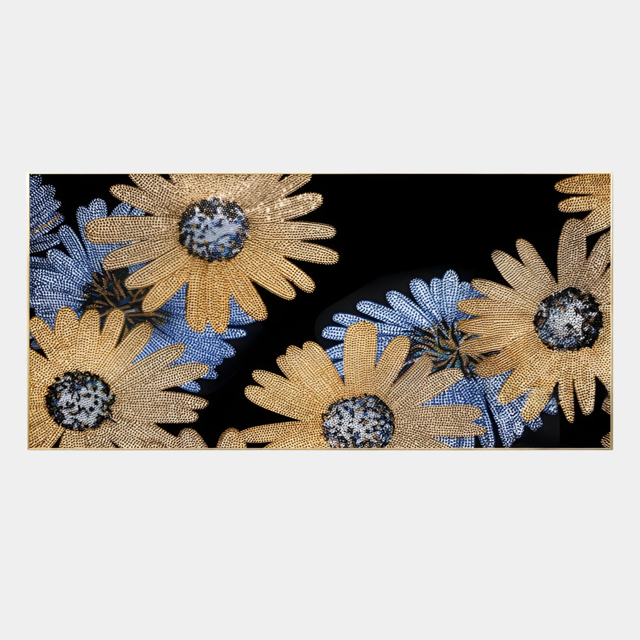 The Floravida Gold & Blue Crystal Daisy Floral 3D Wall Art by Giant Sculptures features large, sparkling yellow daisy-like flowers with detailed centers on a black background, some highlighted in blue tones—ideal for modern interiors.