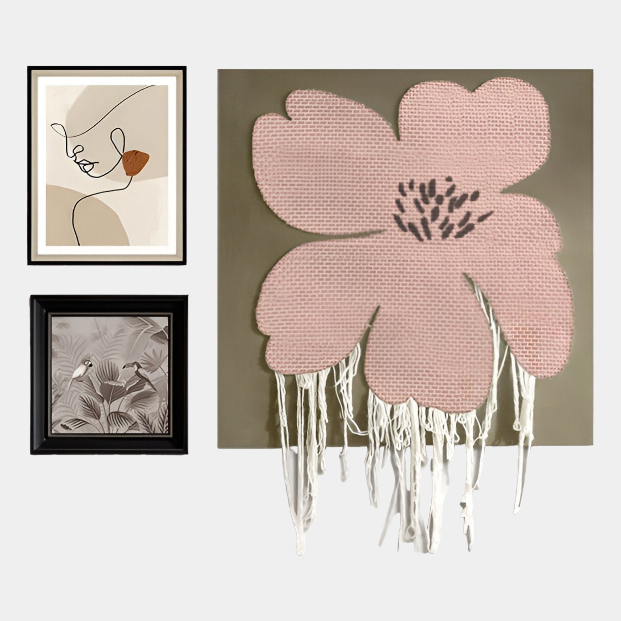 The Florayne 3-Set Blush Pink Woven Textured 3D Wall Art by Giant Sculptures features abstract face, black-and-white botanical, and blush pink petal designs, all with unique textures on a light background.