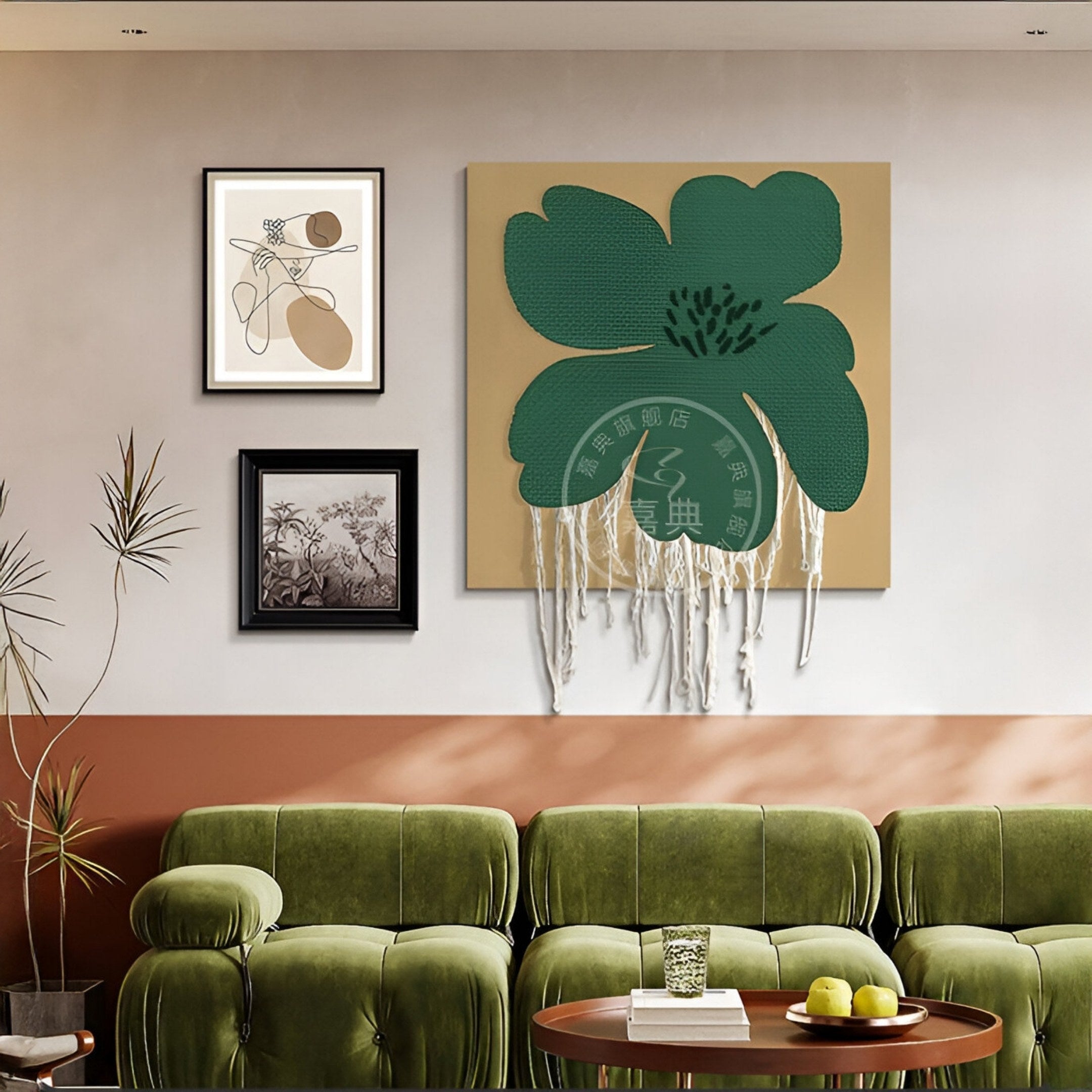 A modern living room with green velvet sofas, a round wooden coffee table, and wall art, including the Giant Sculptures Florayne 3-Set Green Woven Textured 3D Wall Art and two framed artworks above the sofa.