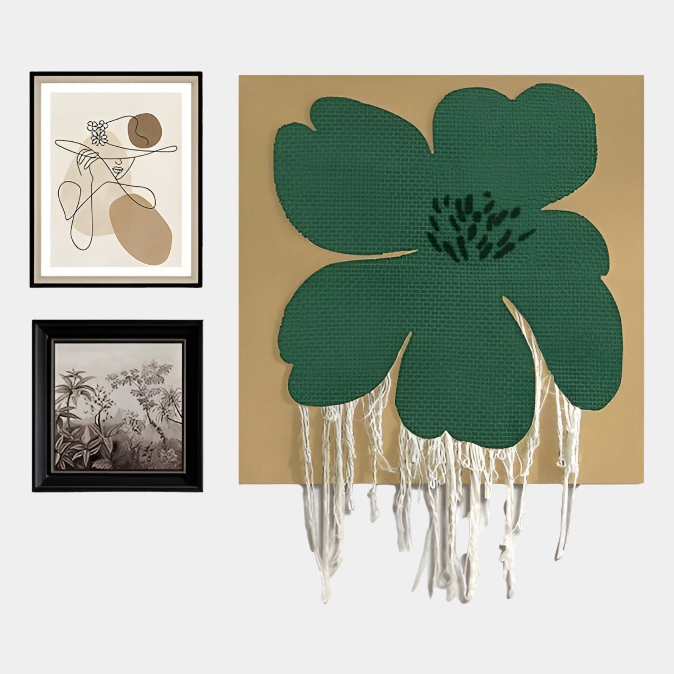 The Florayne 3-Set Green Woven Textured 3D Wall Art by Giant Sculptures features abstract beige and brown lines, a black-and-white botanical illustration, and a large green flower with textured petals and hanging white yarn.