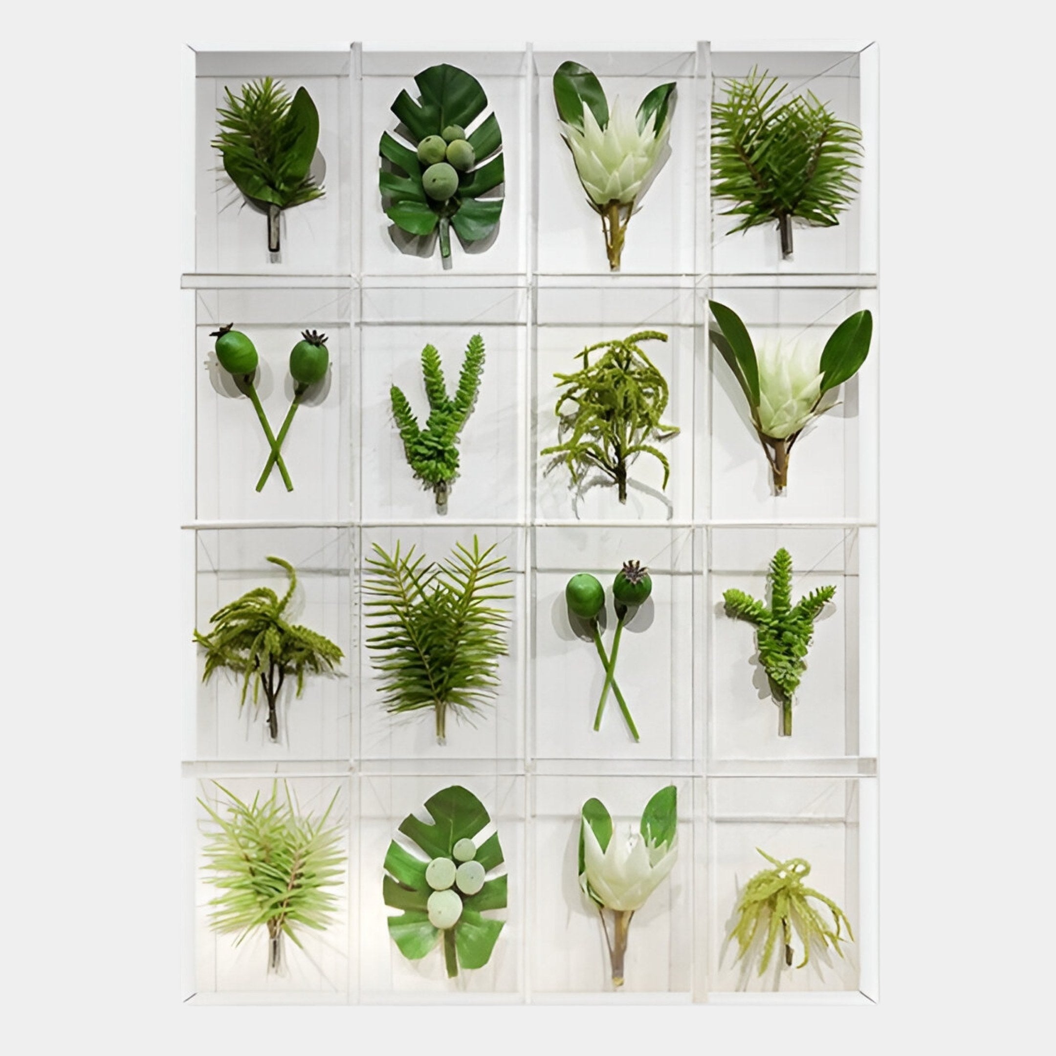 The Florvara Botanical 16-Leaves Acrylic 3D Wall Art by Giant Sculptures showcases 16 clear boxes with unique artificial plant designs, arranged in a sleek 4x4 grid—ideal modern wall decor or botanical art accent.