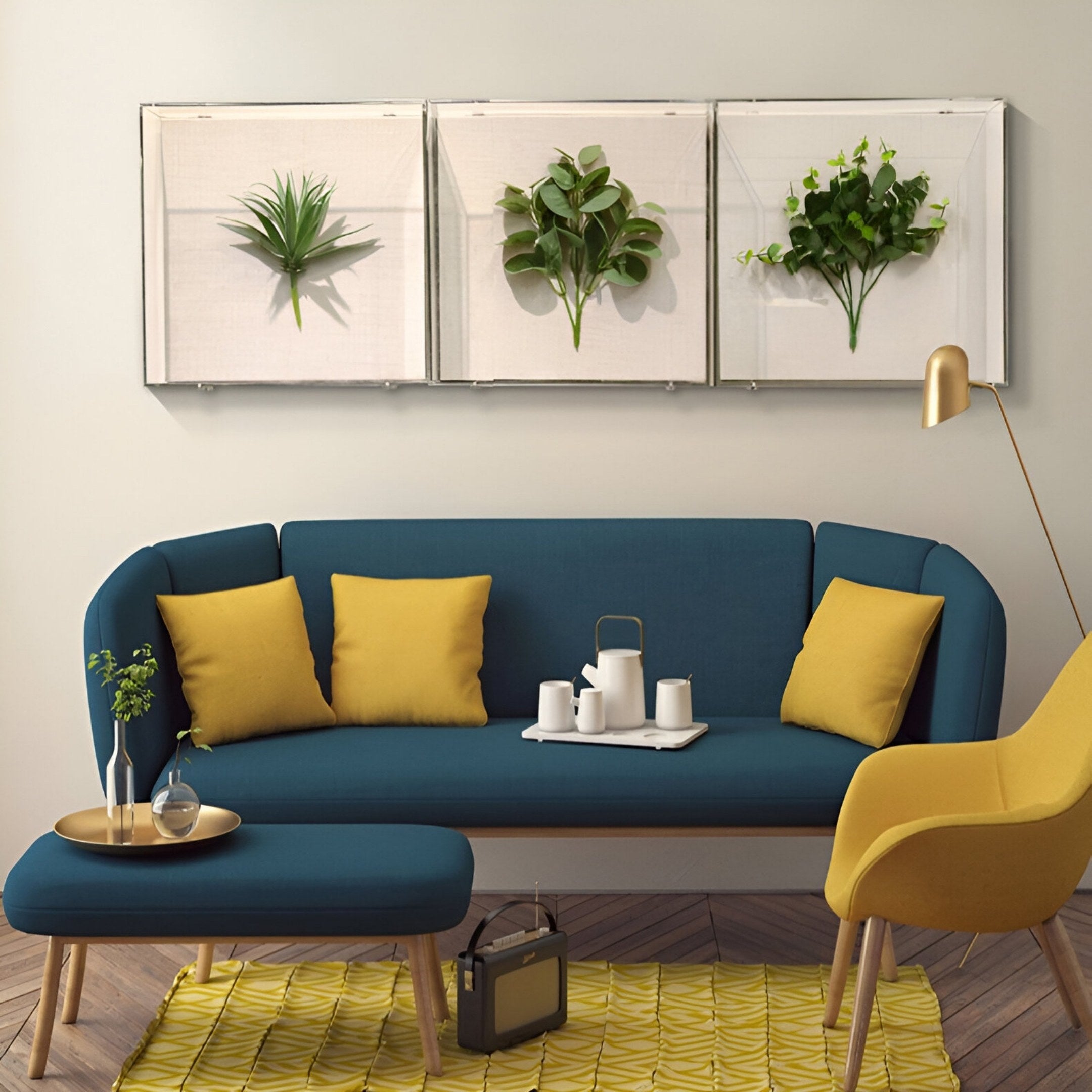 A modern living room with a blue sofa, yellow cushions, matching ottoman, yellow armchair, gold floor lamp, tea set tray, and Giant Sculptures Florvara Botanical Leaves 6-Panel Acrylic 3D Wall Art above. A yellow rug completes the look.