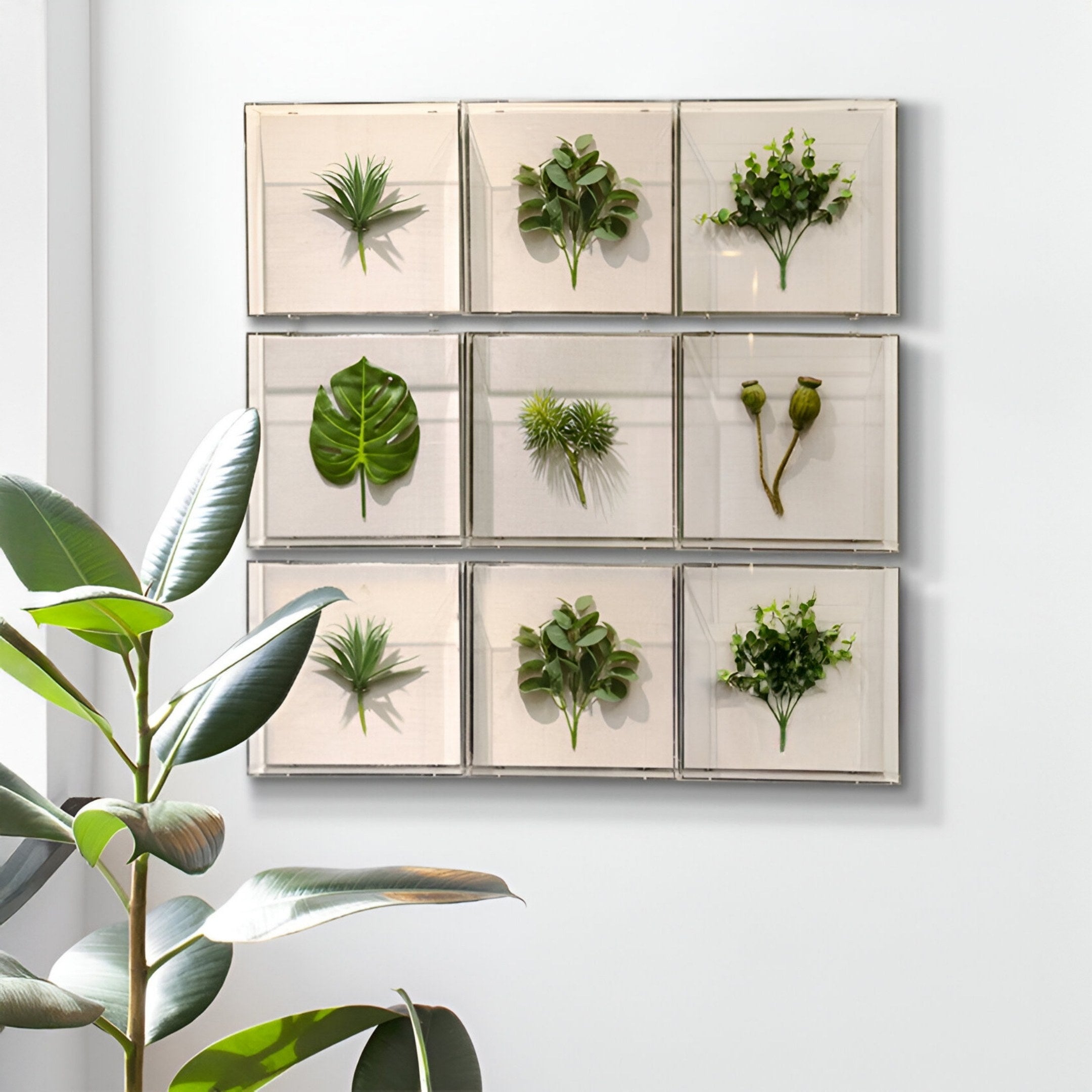 The Florvara Botanical Leaves 9-Panel Acrylic 3D Wall Art by Giant Sculptures features an array of green plant designs on a white wall, while a nearby potted rubber plant adds lush contrast to the bright, minimalist décor.