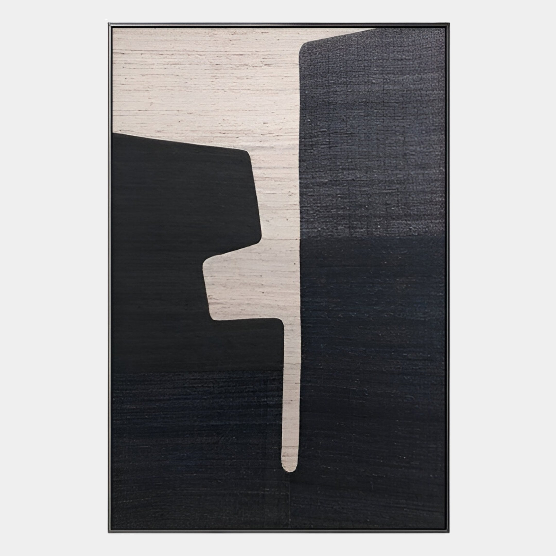 Striatura Angular Black & Taupe Rope Abstract 3D Wall Art by Giant Sculptures features bold black and cream blocks with textured brushstrokes, making it a striking choice for contemporary wall decor on vertical rectangular canvases.