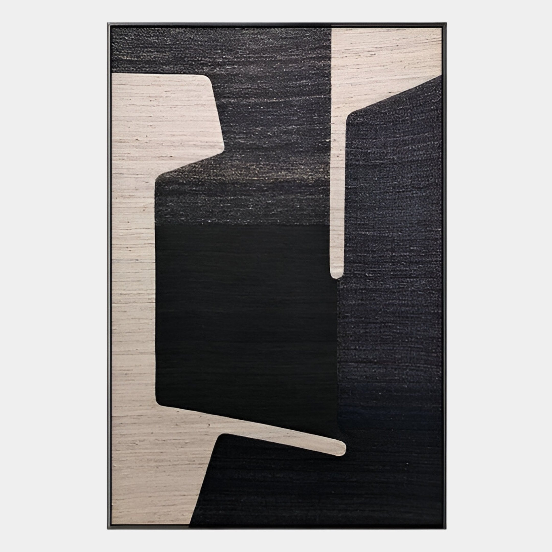 Striatura Black & Ivory Edge Rope Abstract 3D Wall Art by Giant Sculptures features bold geometric black shapes and textured brushstrokes on a beige background, creating sharp angles and a striking minimalist, modern aesthetic for your space.