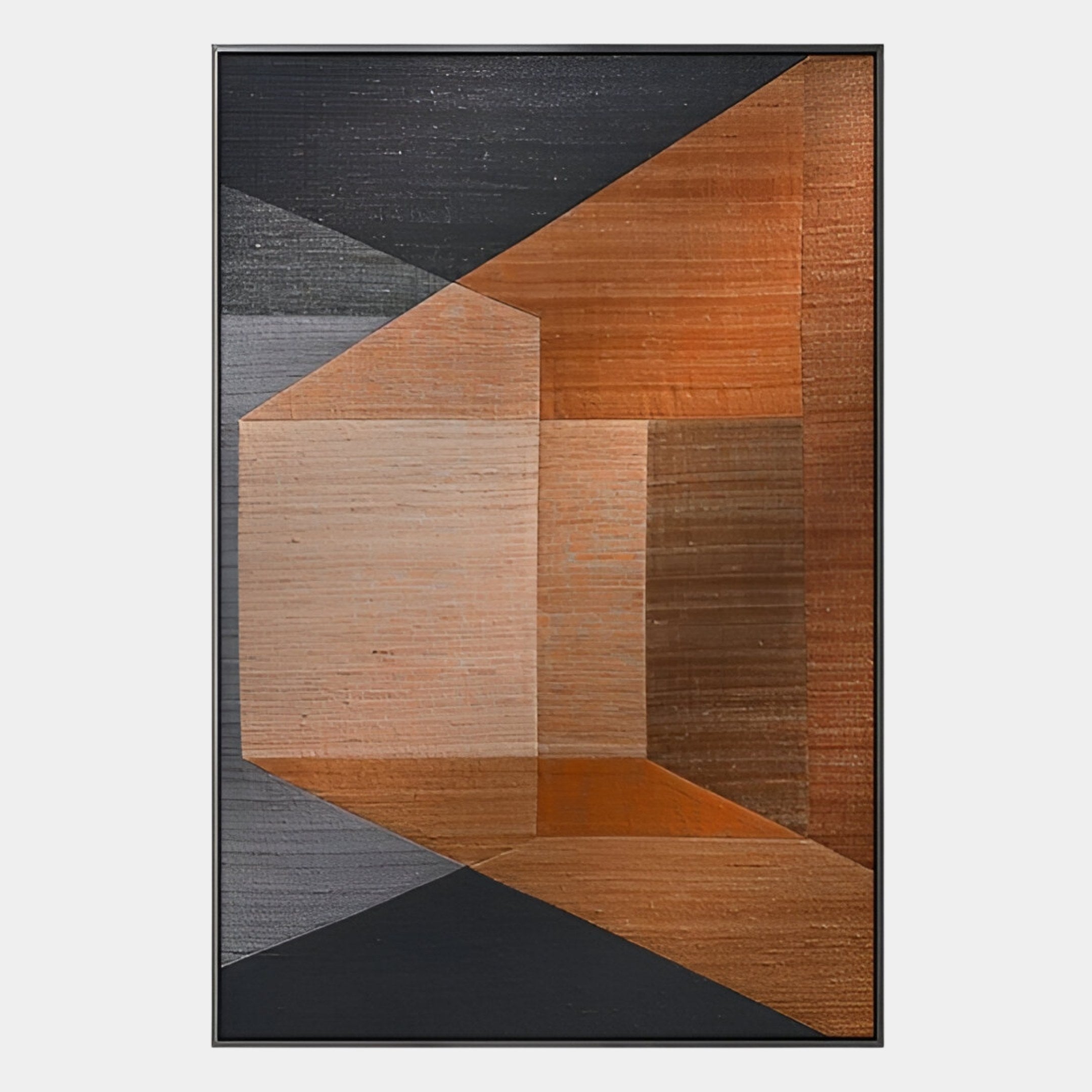 The Striatura Rust & Grey Rope Abstract 3D Wall Art by Giant Sculptures features layered geometric shapes in orange, brown, black, and gray, creating a striking handcrafted design—ideal for modern spaces.