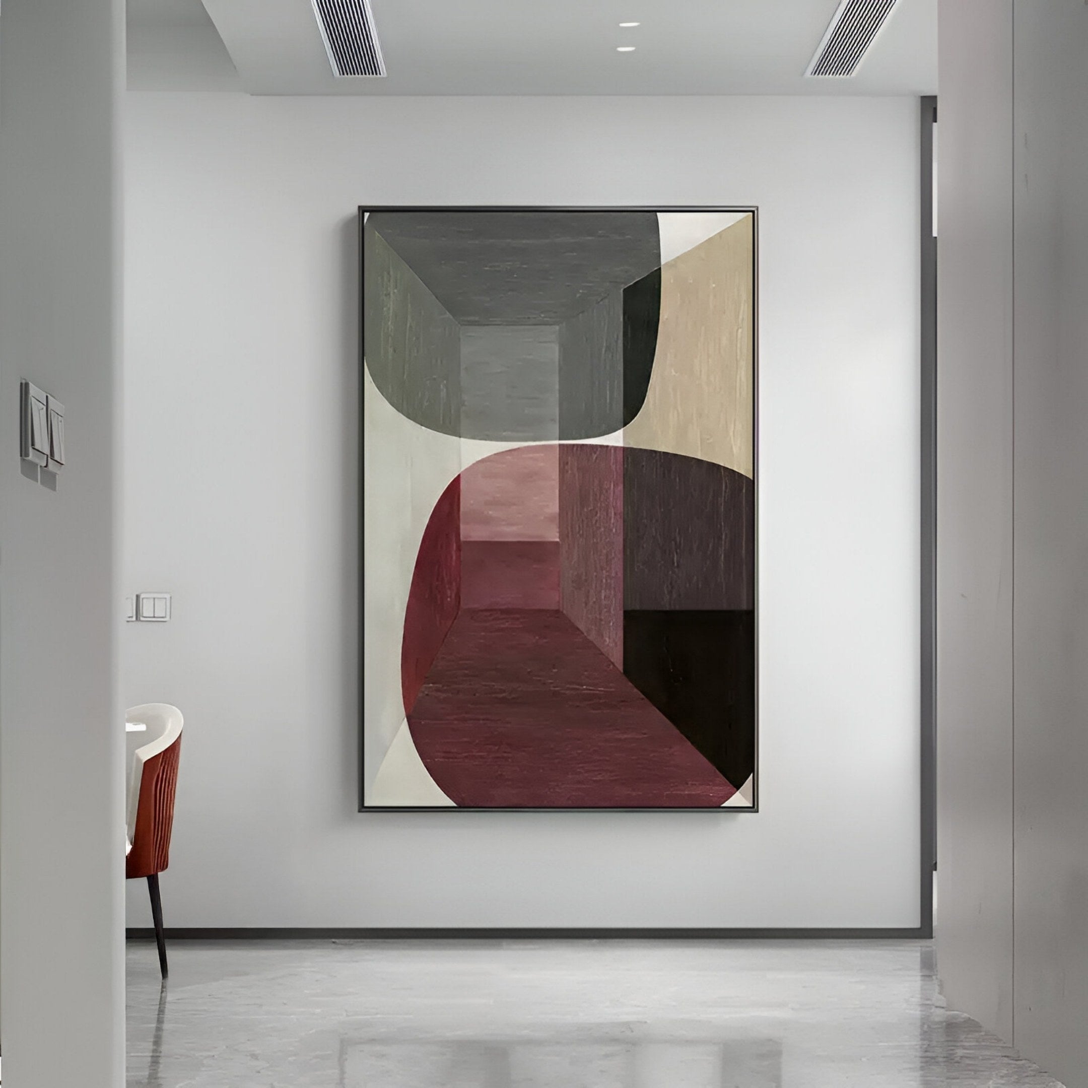 The Striatura Burgundy & Sage Rope Abstract 3D Wall Art by Giant Sculptures hangs on a white wall in a modern, minimalistic hallway, with part of a red and white chair visible to the left.