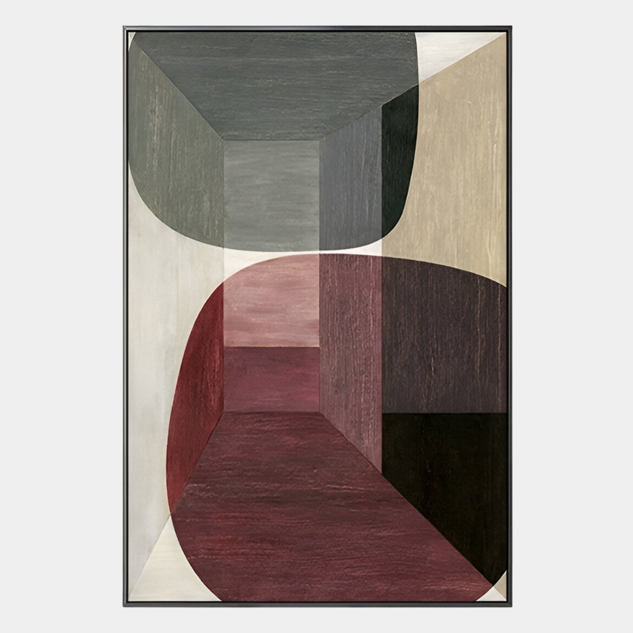 The Striatura Burgundy & Sage Rope Abstract 3D Wall Art by Giant Sculptures features overlapping geometric shapes in gray, beige, burgundy, and black, creating depth and a handcrafted rope look within a rectangular frame.