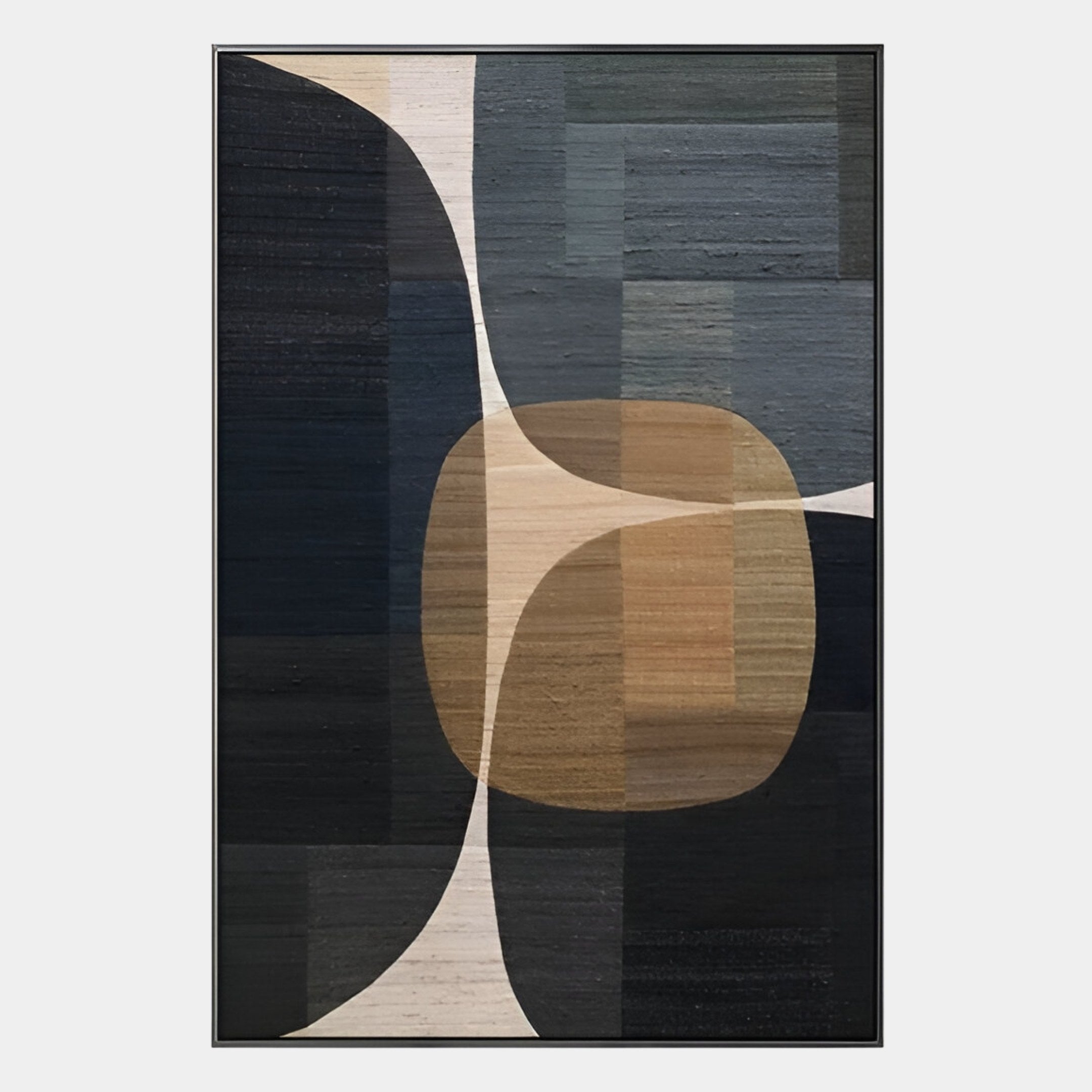 The Striatura Navy & Sandstone Rope Abstract 3D Wall Art by Giant Sculptures features intersecting curves in dark blue, black, tan, and beige with layered geometric forms—ideal modern decor or paired with handcrafted rope artistry.