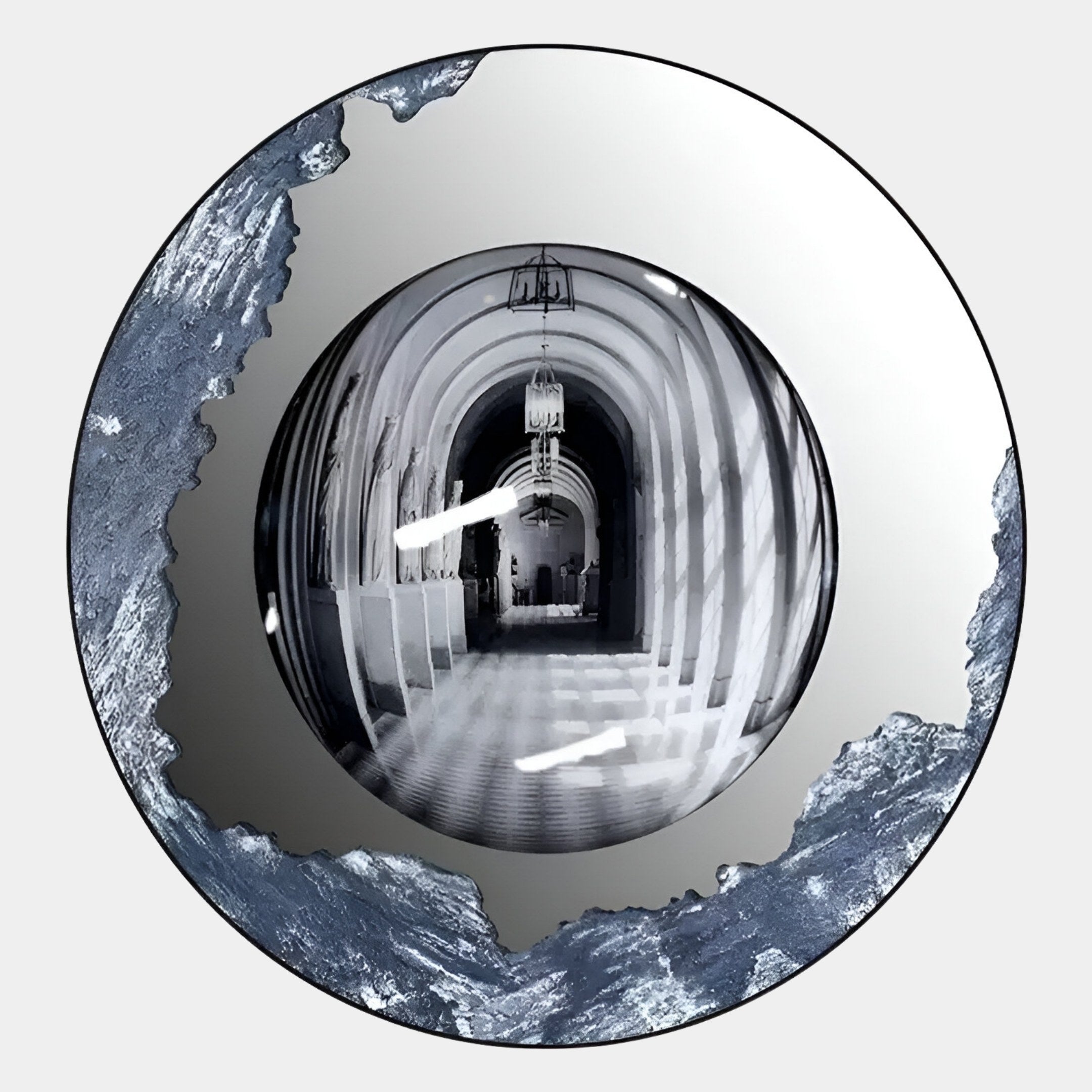 Portara Silver Archway Illusion Round 3D Wall Art by Giant Sculptures features a black-and-white hallway with arches, lamps, and a checkered floor reflected in a shiny sphere, all framed by textured metallic silver. Perfect for architectural wall decor.