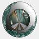 The Portara Green Bridge Illusion Round 3D Wall Art by Giant Sculptures features a textured green frame encasing a tunnel with teal beams and rail tracks, adding depth and symmetry to any architectural wall decor.