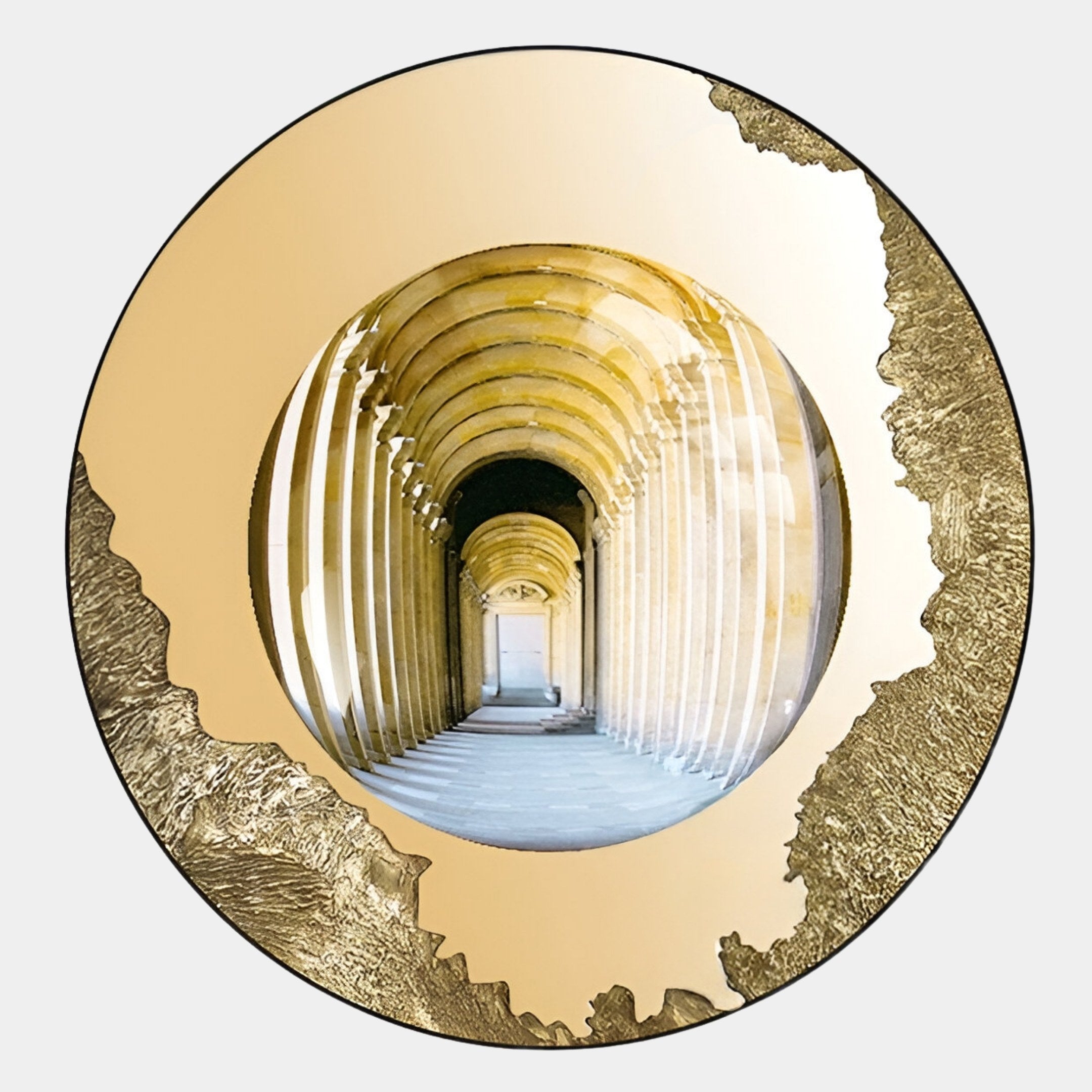 The Portara Golden Archway Illusion Round 3D Wall Art by Giant Sculptures showcases an arched hallway with repeating columns, set on a light gray background and framed by a textured metallic gold border.