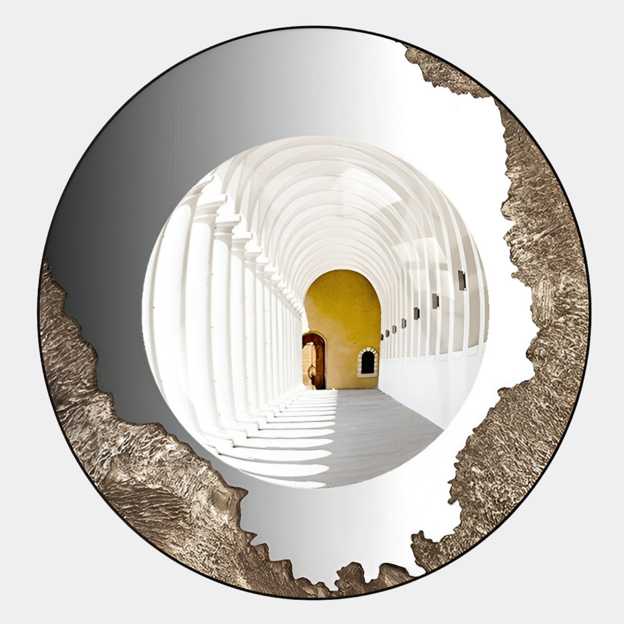 The Portara White Cloister Illusion Round 3D Wall Art by Giant Sculptures features a sunlit arched hallway with white columns and a yellow wall, framed by a textured brown and white border—a striking modern statement piece.