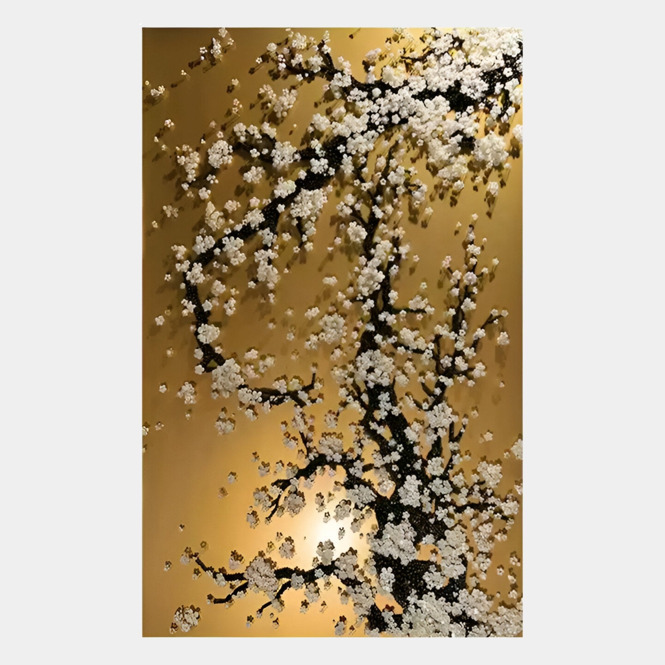 Florivine Gold Blossom Tree Button 3D Wall Art by Giant Sculptures features a gold blossom tree with dark branches and white blossoms on a warm golden background, adding a serene and elegant touch to any space.