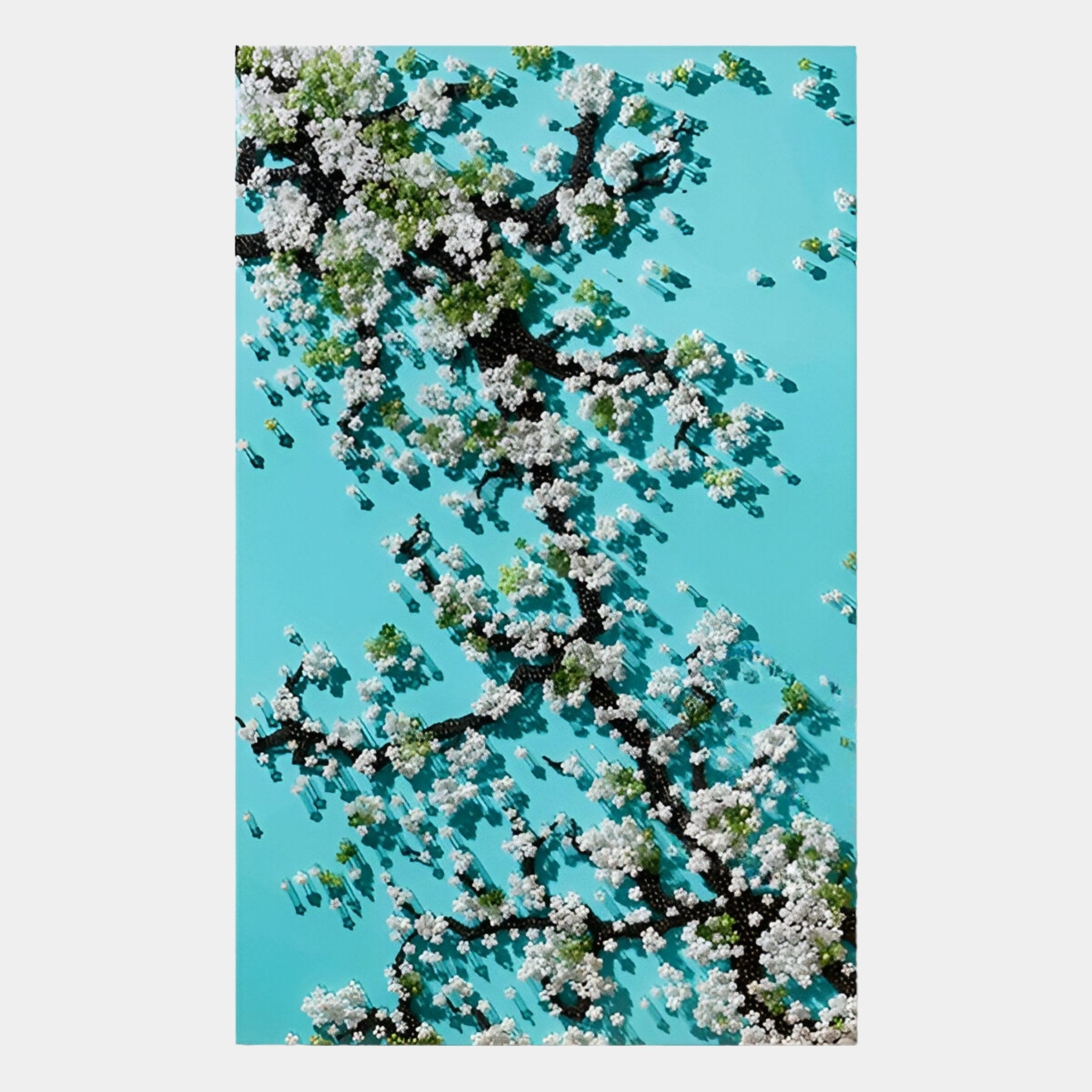Aerial view of Florivine Aqua Blossom Tree Button 3D Wall Art by Giant Sculptures, featuring white blossoms casting shadows on a vibrant turquoise background for a striking contemporary look.