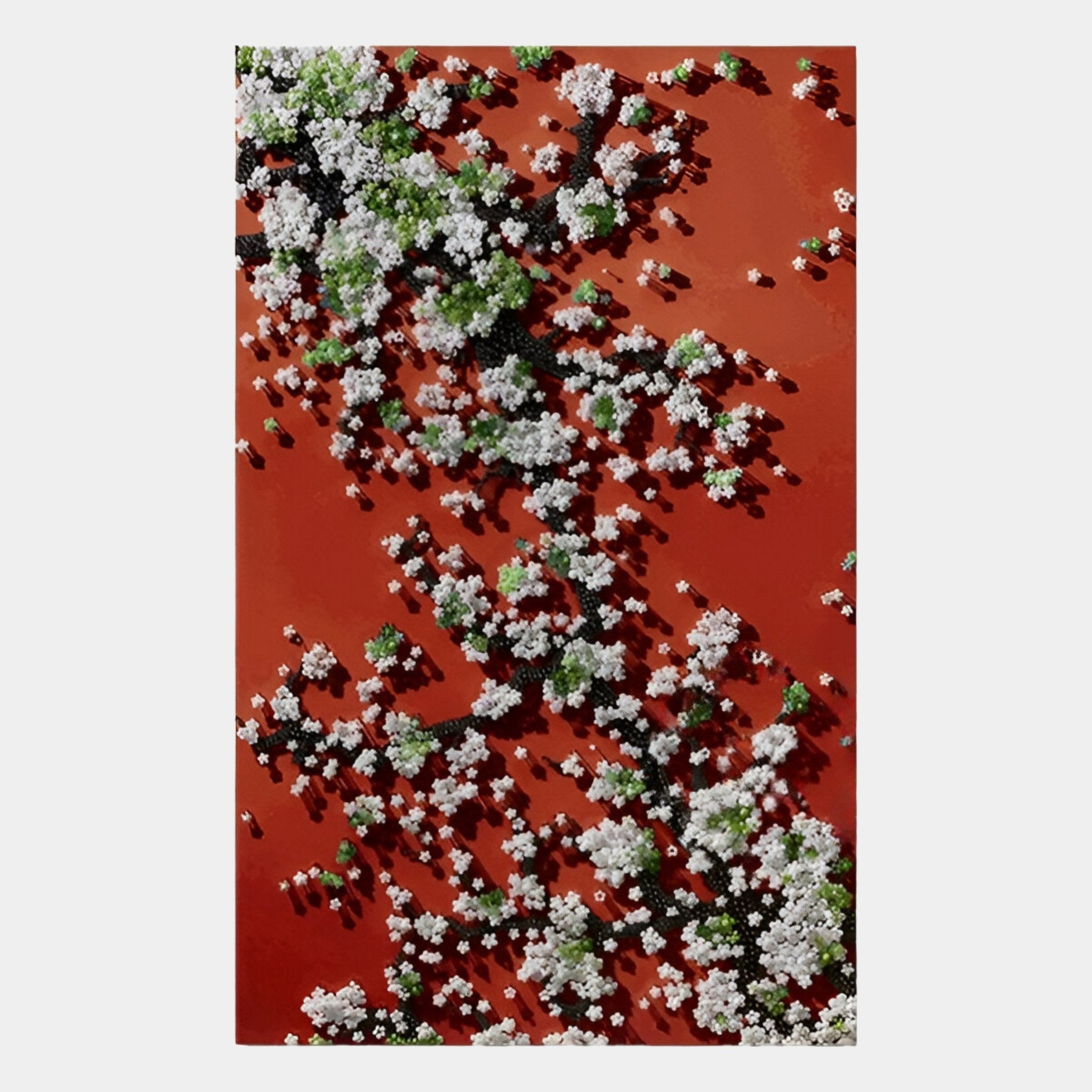 Aerial view of white and green flowering trees casting long shadows on a vibrant crimson ground, evoking the Florivine Crimson Blossom Tree Button 3D Wall Art by Giant Sculptures.