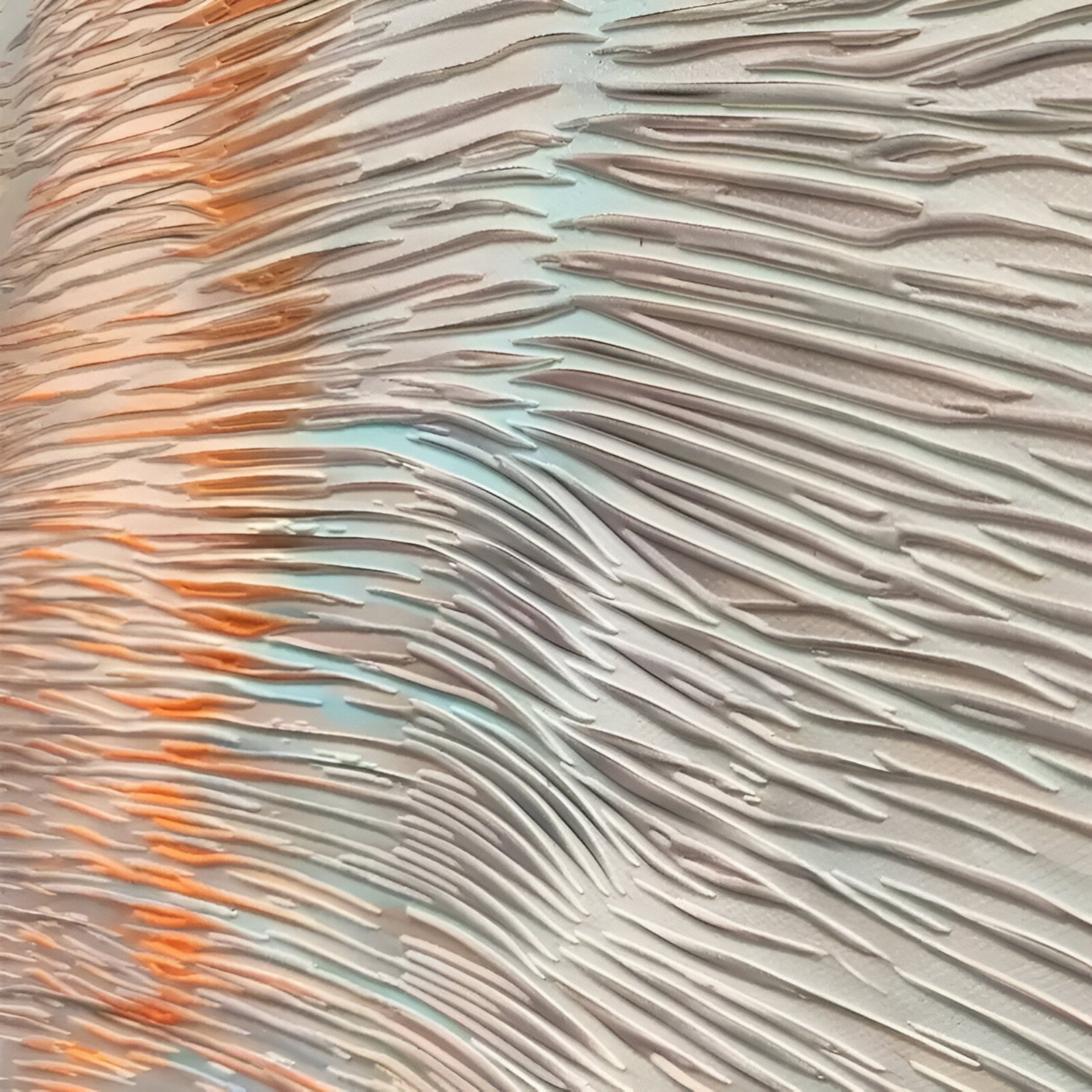 Close-up of the Aqualis Sunset Orange & Blue Textured Abstract 3D Wall Art by Giant Sculptures, featuring raised wavy lines in soft white, orange, and blue for a dynamic, flowing look.