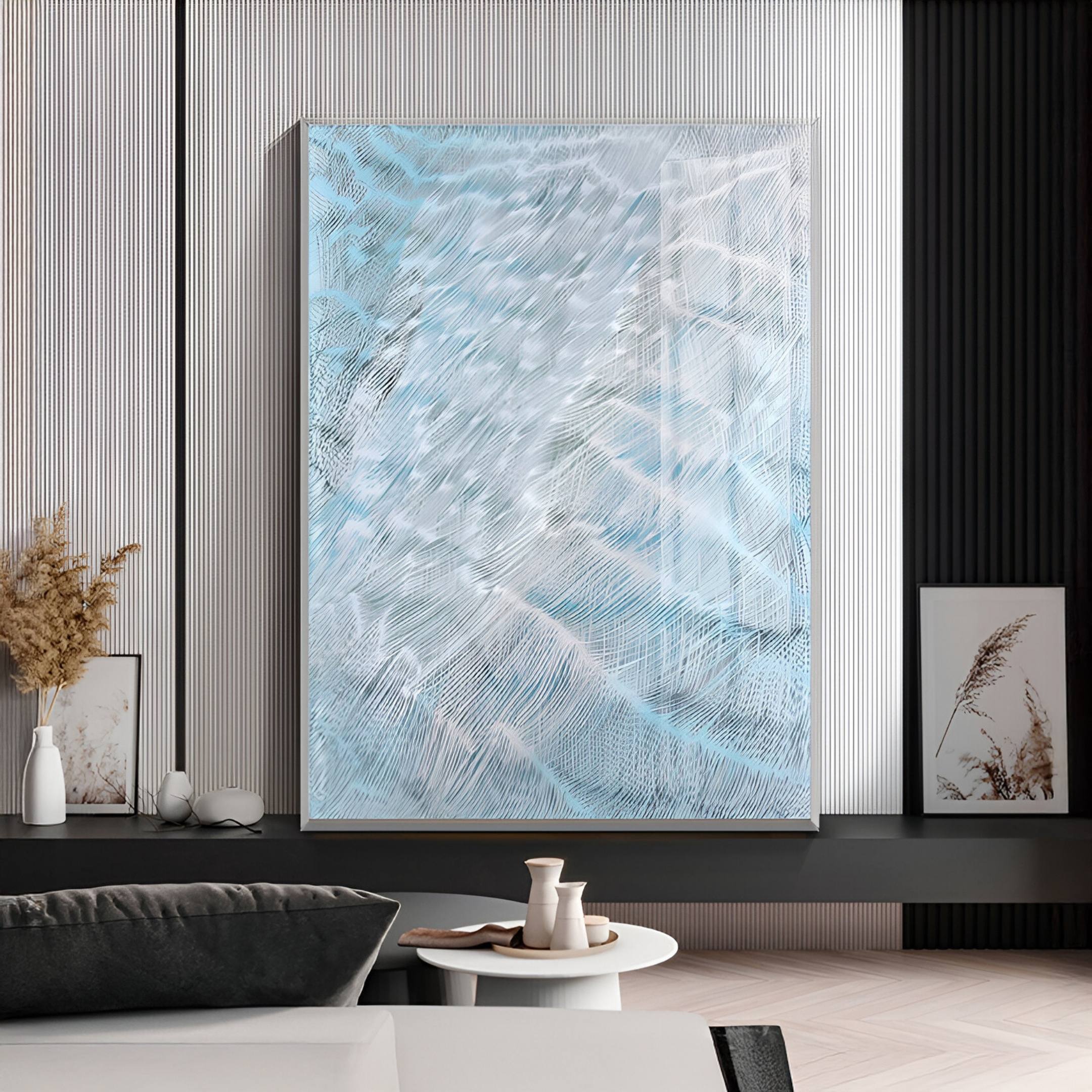 A modern living room featuring the Aqualis Blue Ripple Textured Abstract Acrylic 3D Wall Art by Giant Sculptures, complemented by minimalist furniture, dried floral arrangements, and neutral-toned decor.