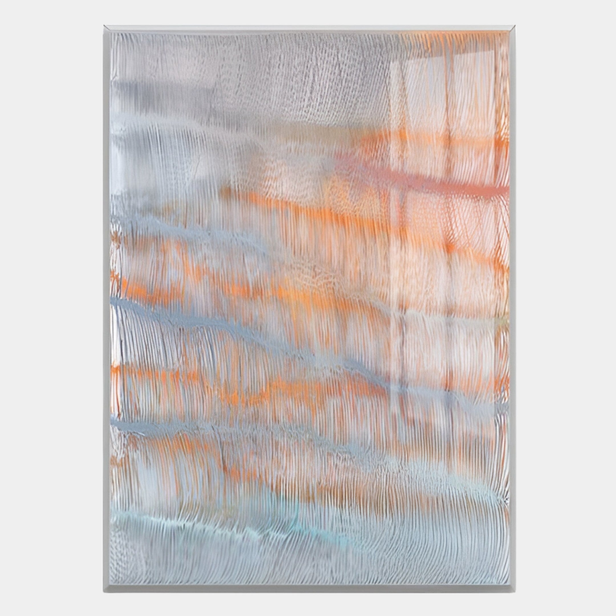 Giant Sculptures' Aqualis Sunset Orange & Blue Textured Acrylic 3D Wall Art features modern abstract wavy lines in white, gray, blue, and orange tones, evoking movement and layering on a light background.