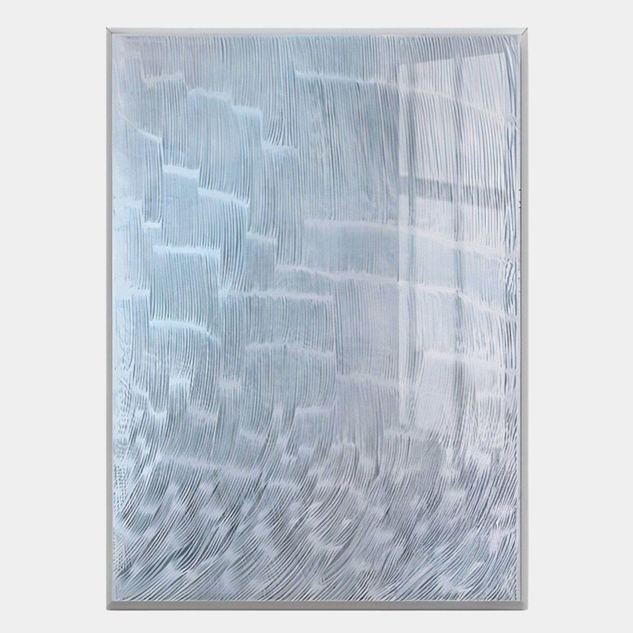The Aqualis Frosted Ice Curve Textured Acrylic 3D Wall Art from Giant Sculptures features swirling, curved silver details for a modern touch—ideal wall decor that adds dynamic flair and depth to any space.