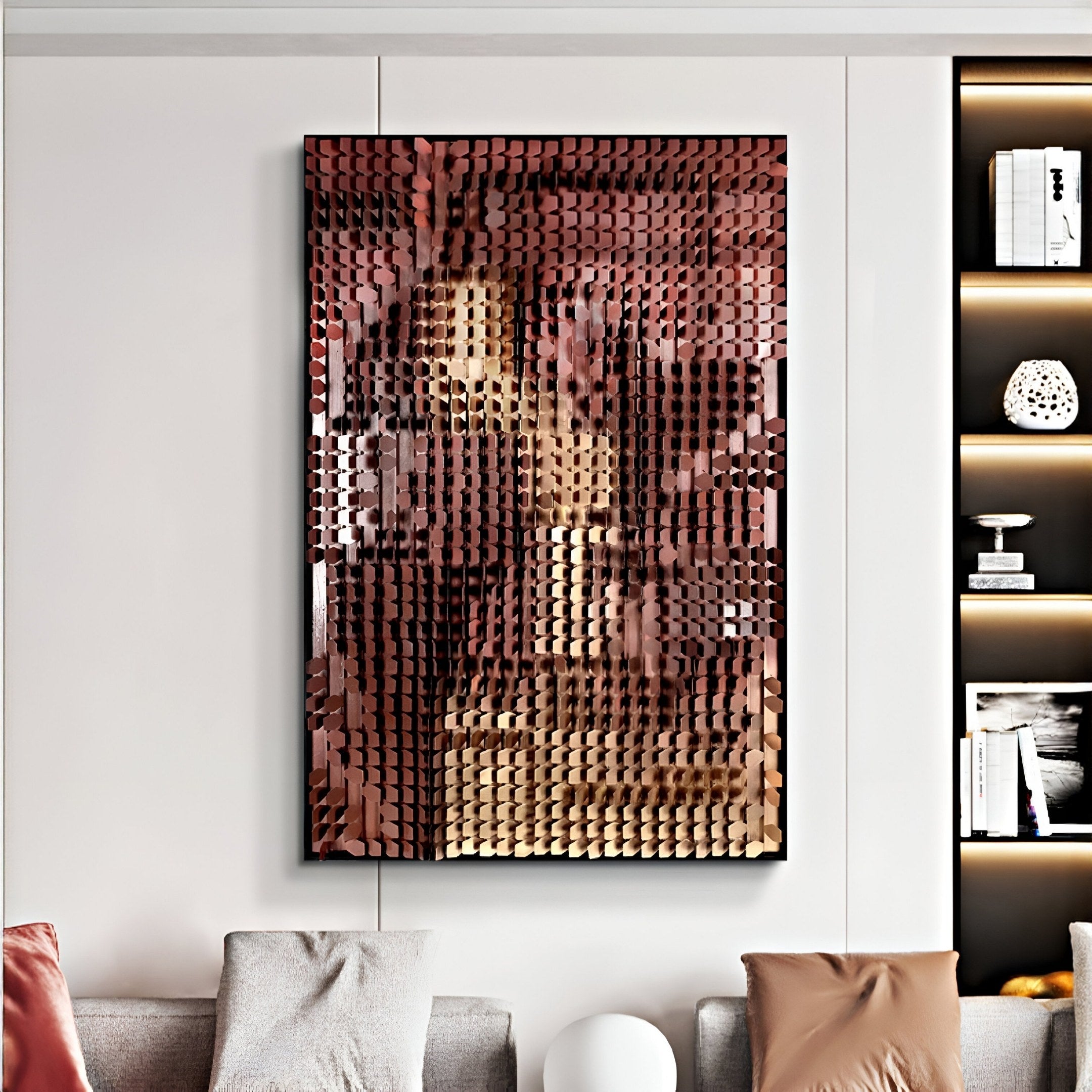 A modern living room showcases the Gradalis Red Bronze Sculptural Metal 3D Wall Art by Giant Sculptures, featuring shiny brown metallic squares in a grid for a reflective, abstract look. Shelves with books and decor are on the right.