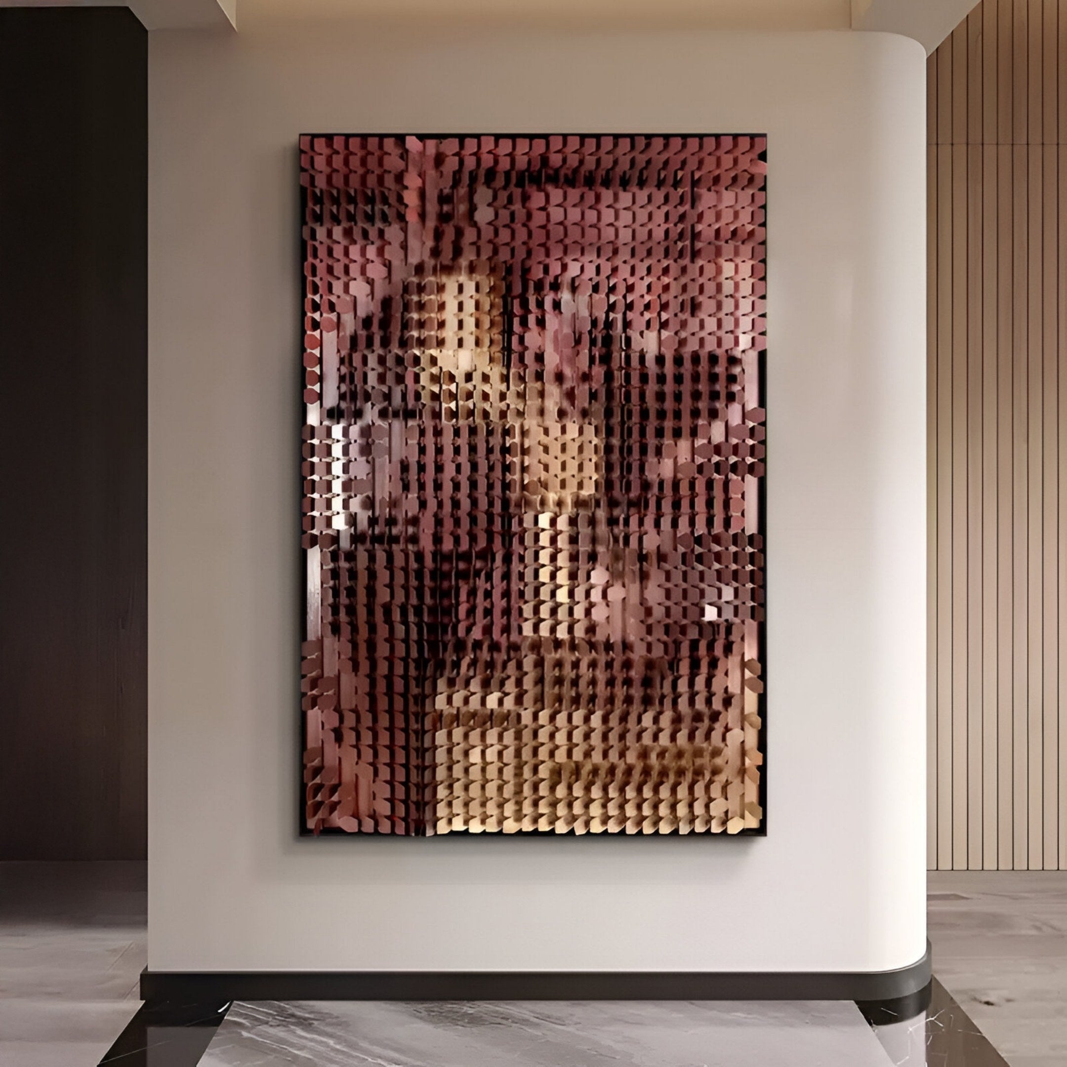 The Gradalis Red Bronze Sculptural Metal 3D Wall Art by Giant Sculptures features raised rectangular tiles in bronze and brown, creating a striking grid design—perfect for adding modern flair to your wall decor.