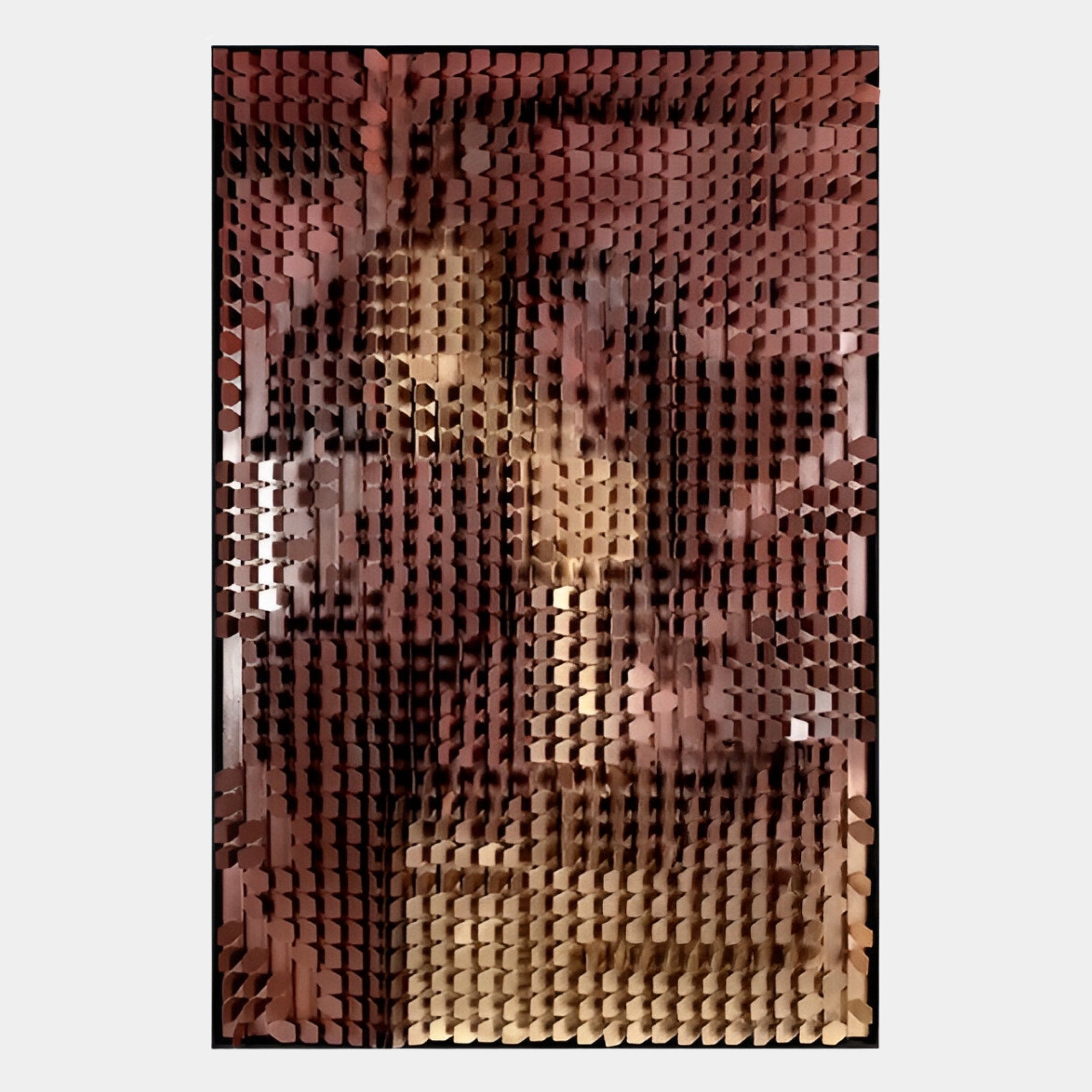 The Gradalis Red Bronze Sculptural Metal 3D Wall Art by Giant Sculptures features vertical rows of rounded, reddish-brown shapes, creating a pixelated red bronze effect with blurred figures and warm light for striking modern decor.