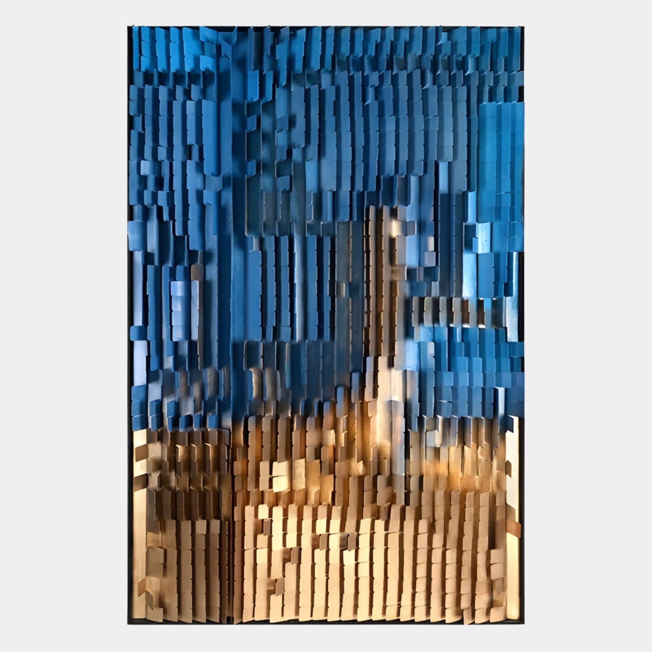 The Gradalis Blue & Gold Sculptural Metal 3D Wall Art by Giant Sculptures features vertical rectangular panels in blue and gold, creating a striking textured effect—perfect modern decor for adding dimension and style to any space.
