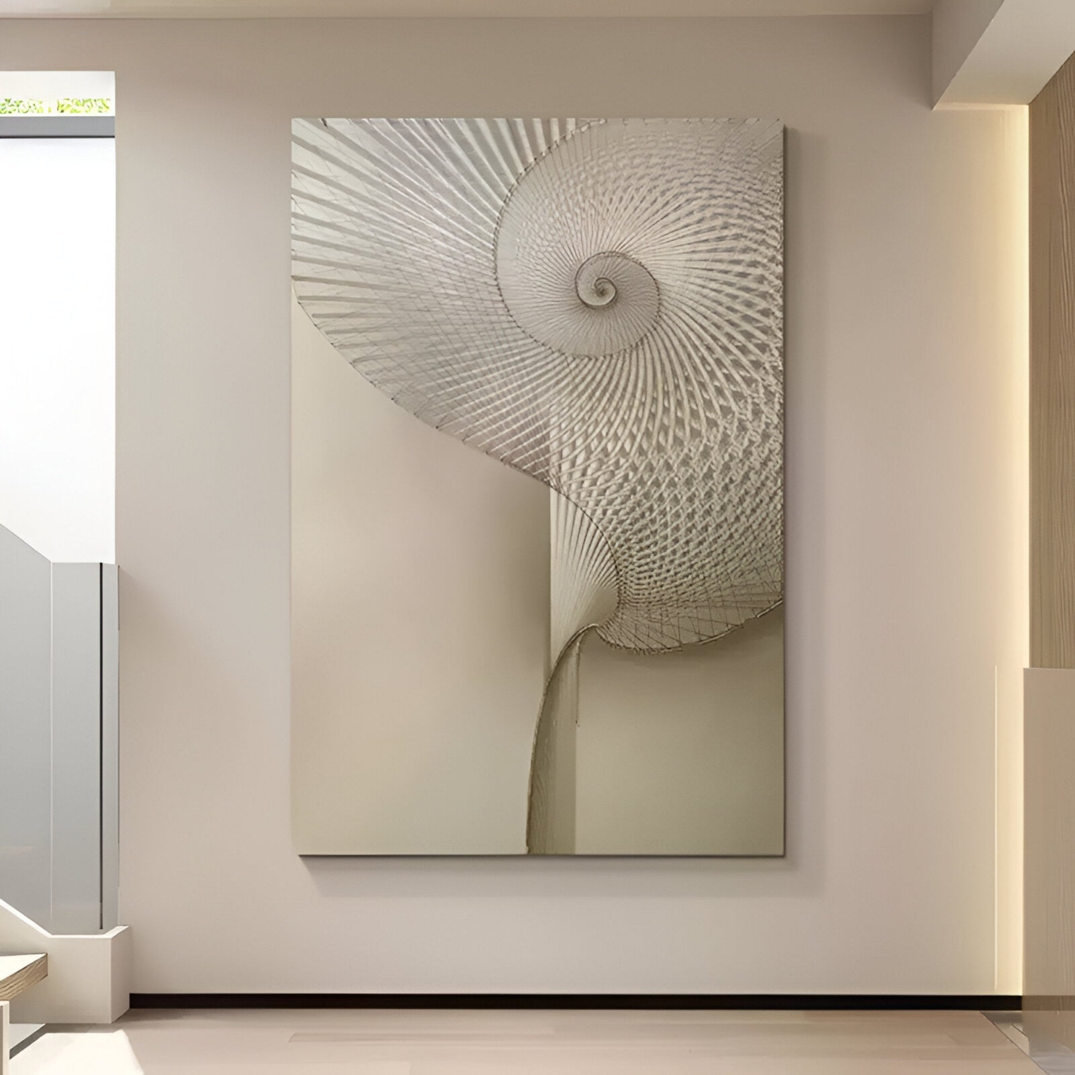 The Spiralis Natural String Abstract Lines Spiral 3D Wall Art by Giant Sculptures, featuring a shell-like geometric pattern in neutral tones, is showcased in a minimalistic, light-colored room.