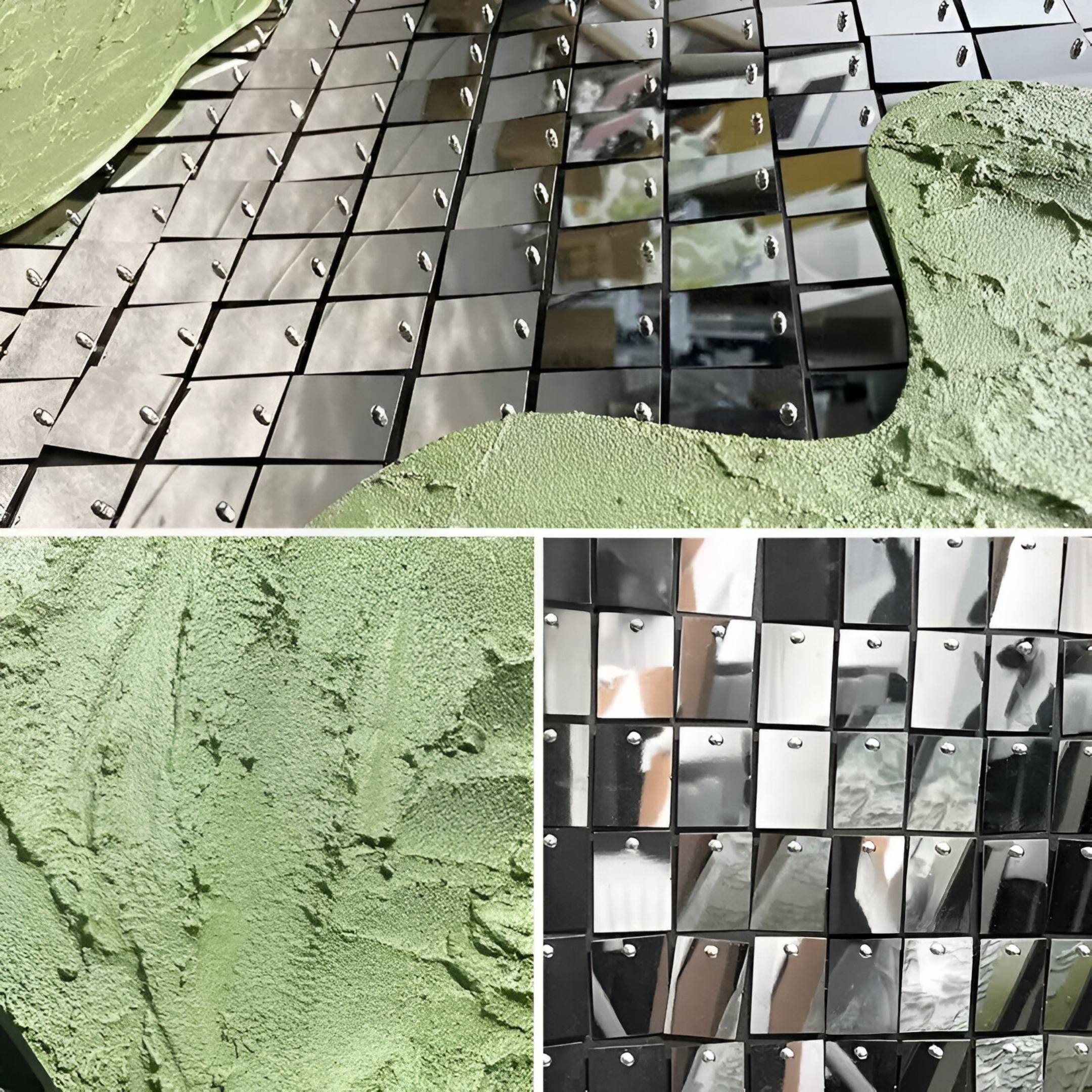 Close-up collage of Giant Sculptures' Miravine Green Hand-Painted Acrylic Mirror 3D Wall Art highlights green textured plaster, reflective mirror details, and metallic studs for striking modern wall decor.