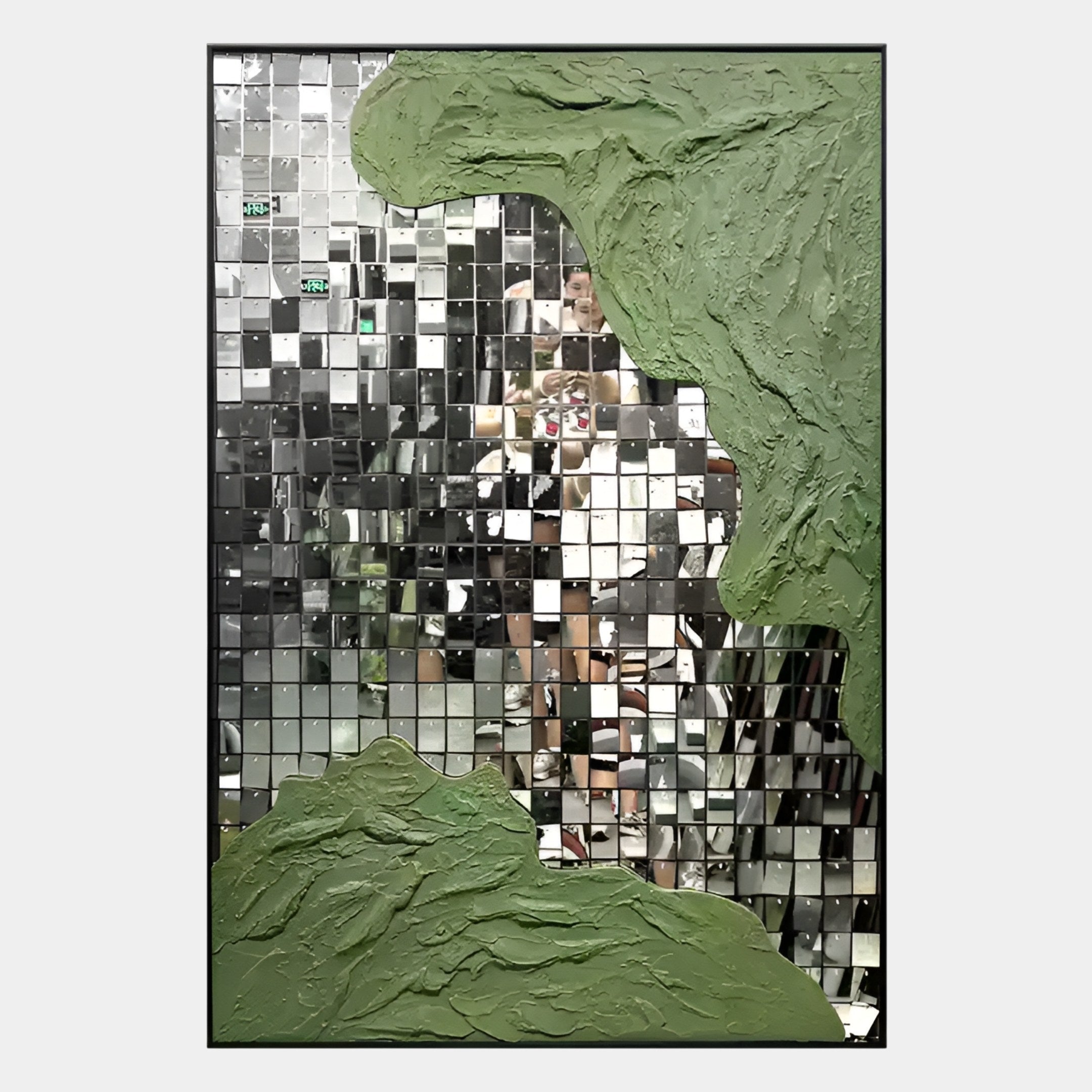 The Miravine Green Hand-Painted Acrylic Mirror 3D Wall Art by Giant Sculptures features square tiles with textured green shapes in the upper right and lower left, reflecting people and interiors in a unique, distorted mosaic style.