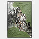 The Miravine Green Hand-Painted Acrylic Mirror 3D Wall Art by Giant Sculptures features square tiles with textured green shapes in the upper right and lower left, reflecting people and interiors in a unique, distorted mosaic style.