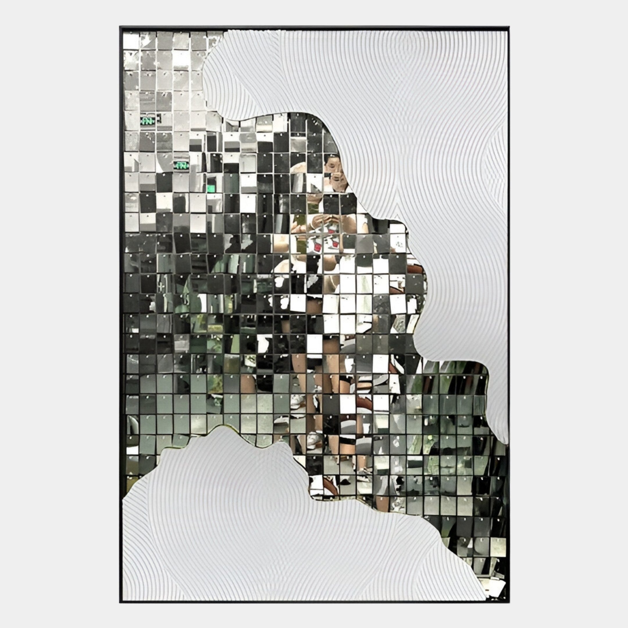 The Miravine White Hand-Painted Acrylic Mirror 3D Wall Art by Giant Sculptures features small square mirrored tiles forming a profile silhouette, with wavy lines on non-mirrored areas for striking modern wall decor.