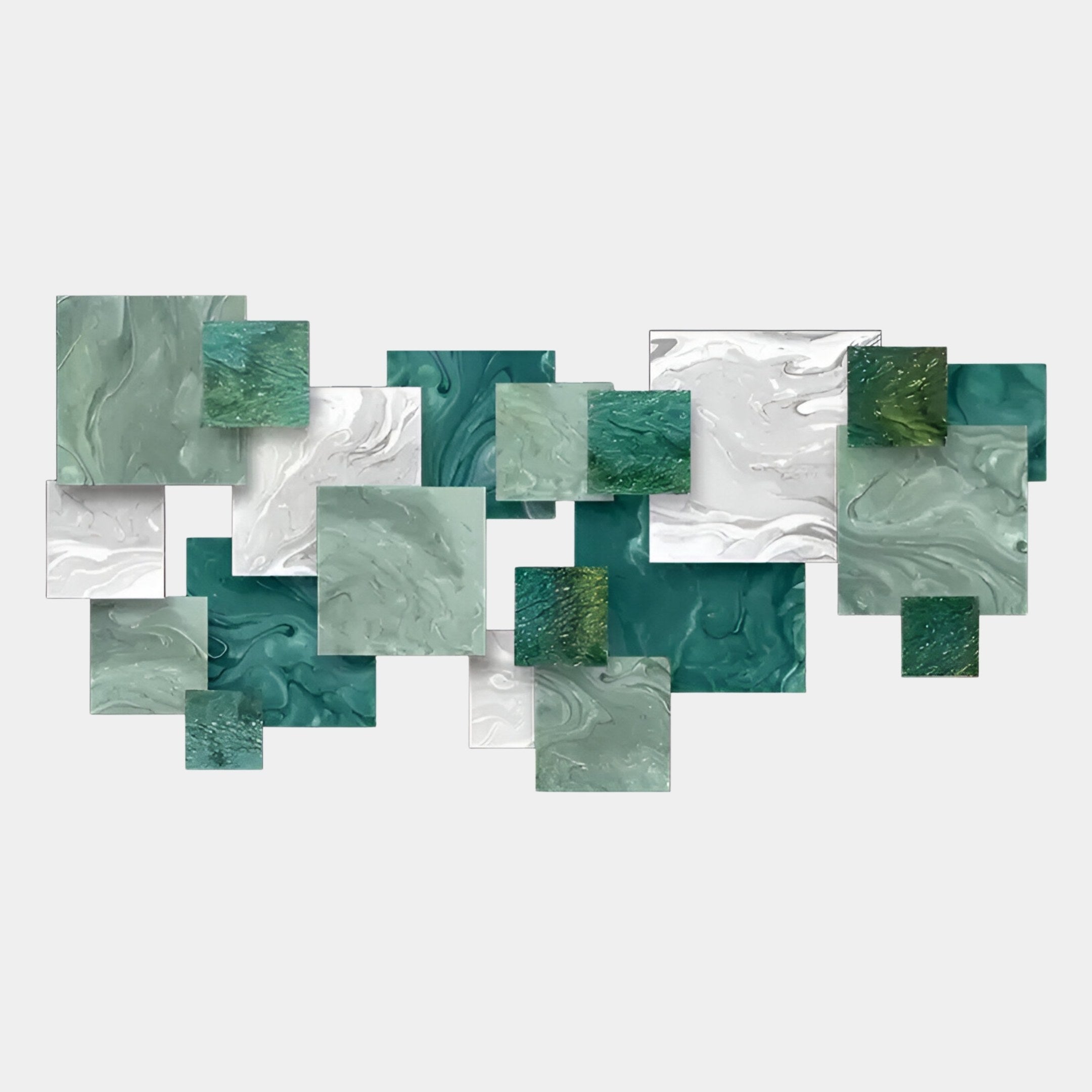 The Stravane I Green & White Mosaic Oil Canvas 3D Wall Art by Giant Sculptures showcases overlapping squares in green, teal, and marble patterns on a light gray background—ideal for modern interiors.