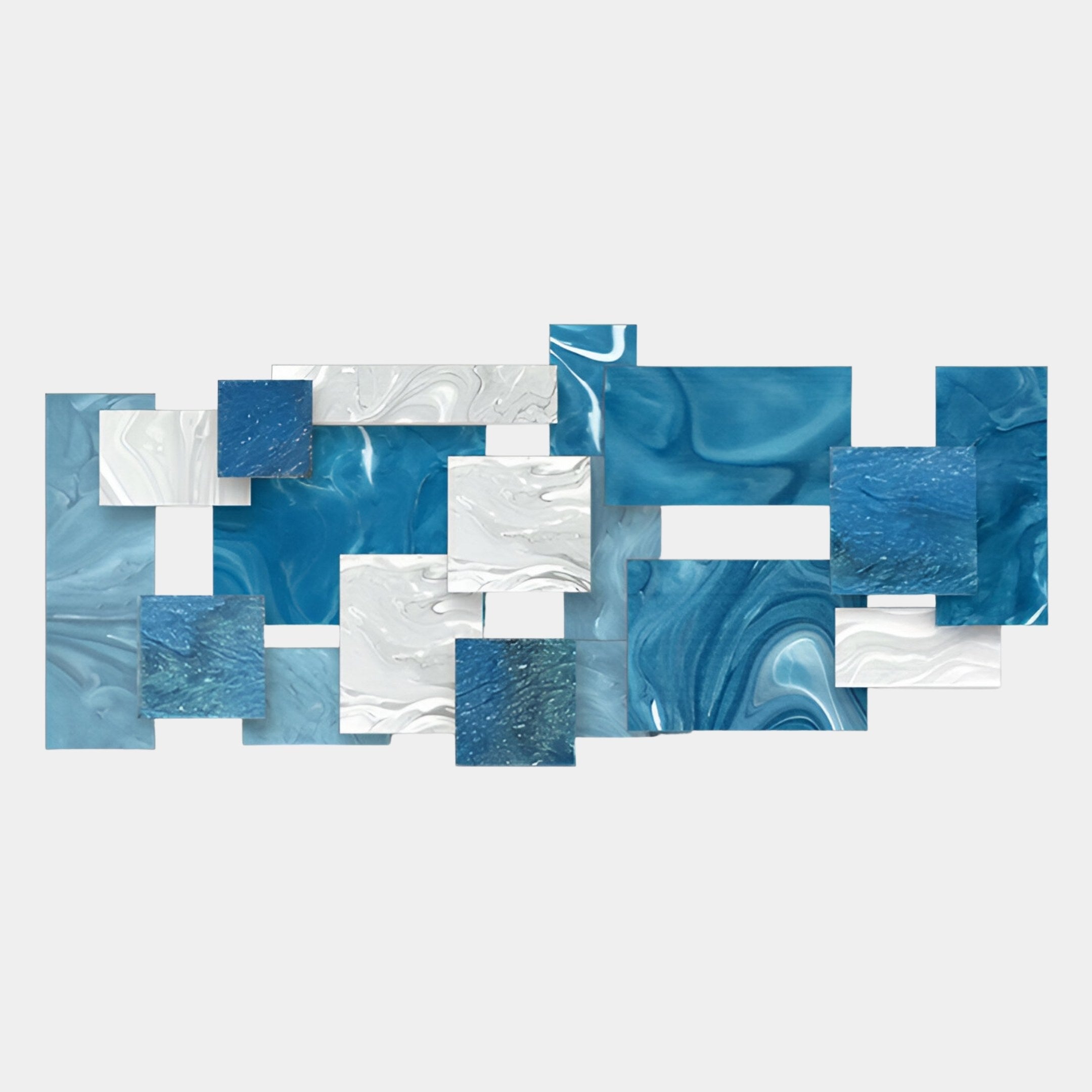 The Stravane Blue & White Mosaic Oil Canvas 3D Wall Art by Giant Sculptures features overlapping marbled tiles on a light gray background, creating a striking abstract effect.