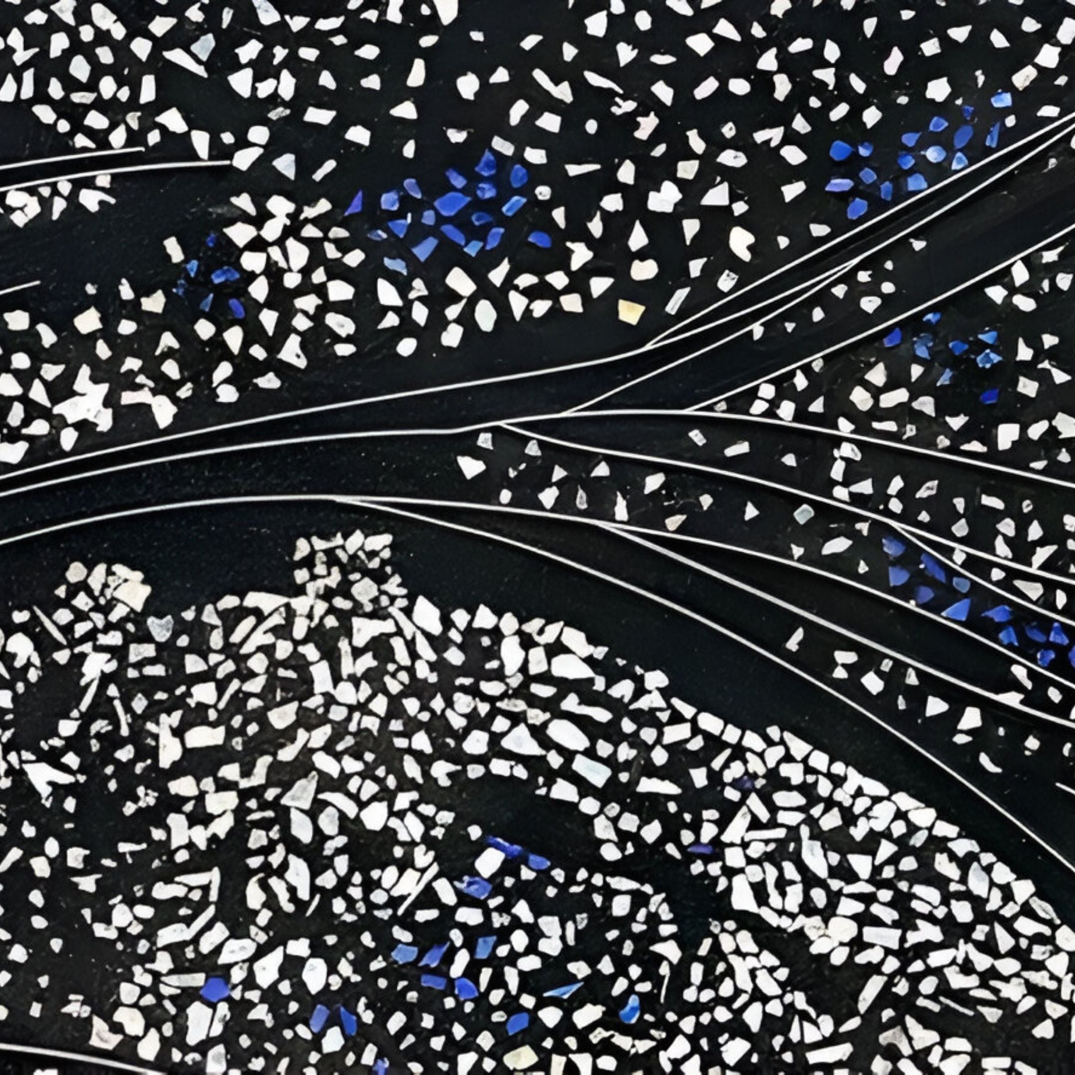 The Noctyra Midnight Flow Abstract 3D Wall Art by Giant Sculptures features scattered white and blue mosaic elements on a black background, intersected by curved silver lines for a dynamic, flowing effect.