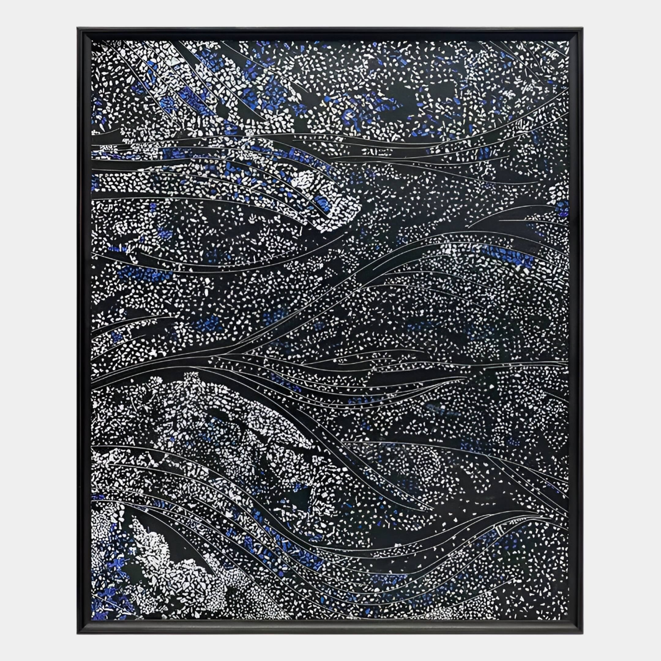 The Noctyra Midnight Flow Abstract 3D Wall Art by Giant Sculptures features swirling black lines and scattered blue and white dots on a dark background, framed with a simple black border for a modern look.