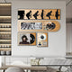 A modern dining area features Giant Sculptures' Sonarta Gold Multi-Panel Record & Silhouette Wall Art, depicting contemporary music icons and vinyl designs, alongside shelves with glasses and a marble countertop.