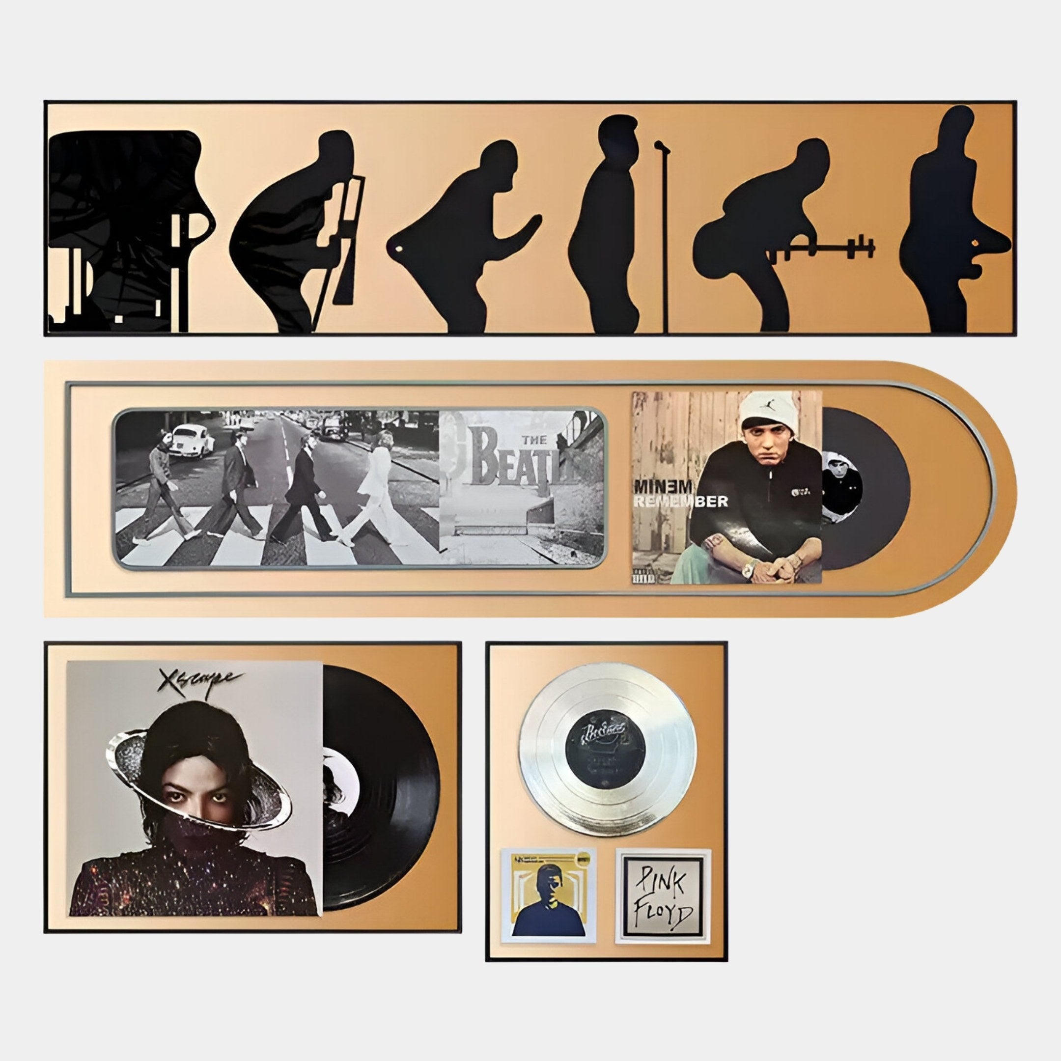 The Sonarta Gold Multi-Panel Record & Silhouette Wall Art by Giant Sculptures showcases framed records and silhouettes of icons like The Beatles, Eminem, a female artist, and Pink Floyd’s The Wall on a light background.