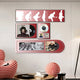 A modern living room features Giant Sculptures’ Sonarta Red Multi-Panel Record & Silhouette Wall Art, showcasing Beatles-inspired music decor and silhouettes. Red and white striped chairs are placed in the foreground.